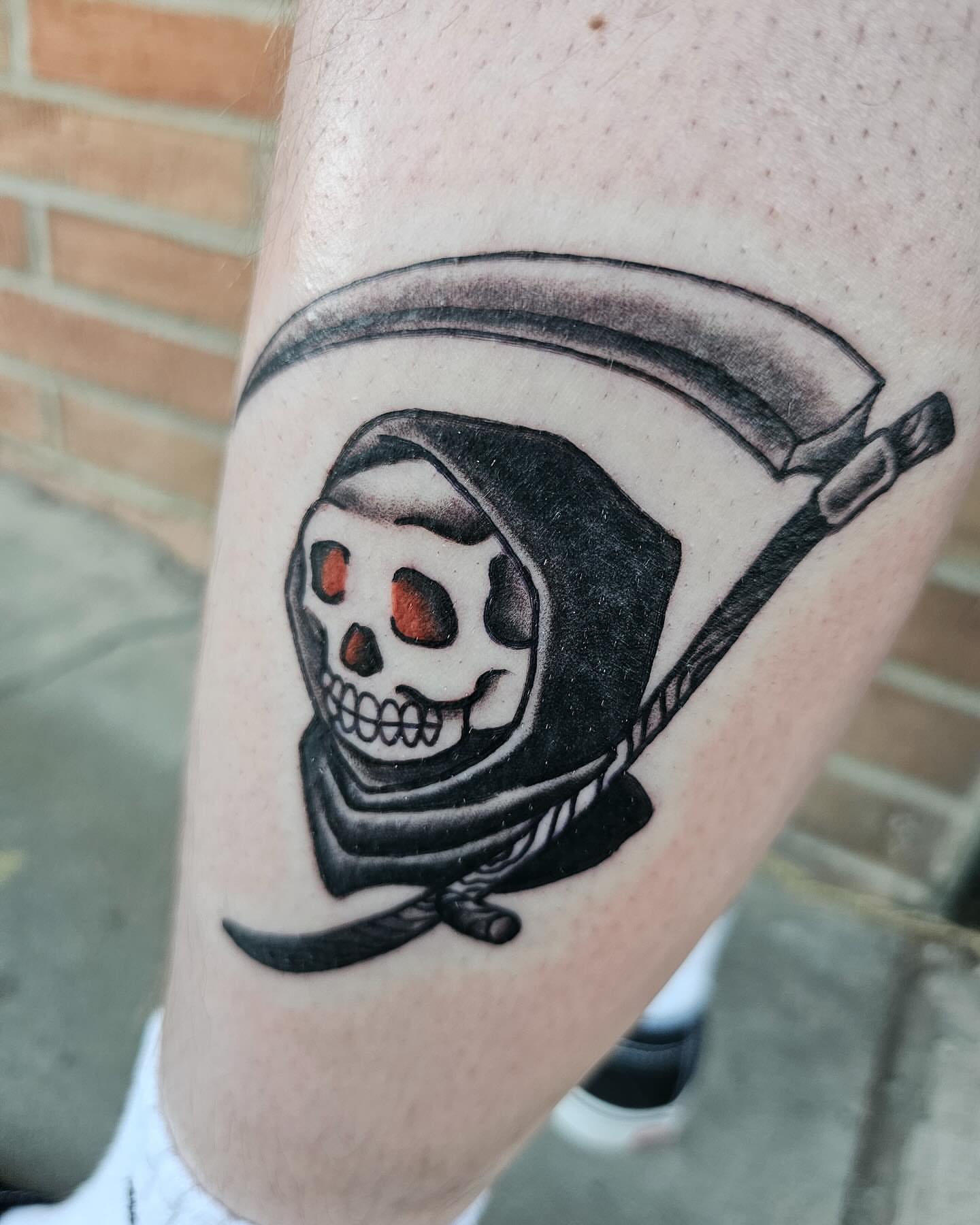 Grim reaper black and grey tattoo on the forearm by J. Arturo Laparra