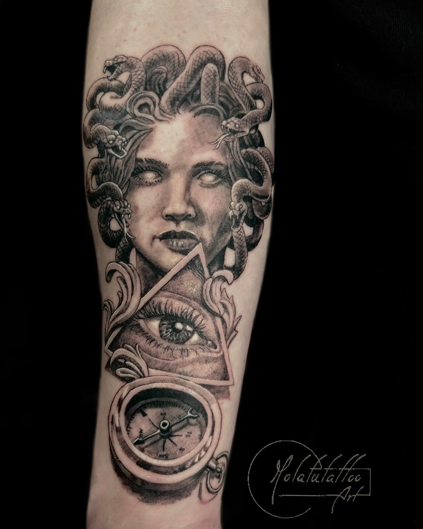 Medusa realism tattoo on the forearm by Molatutattoo