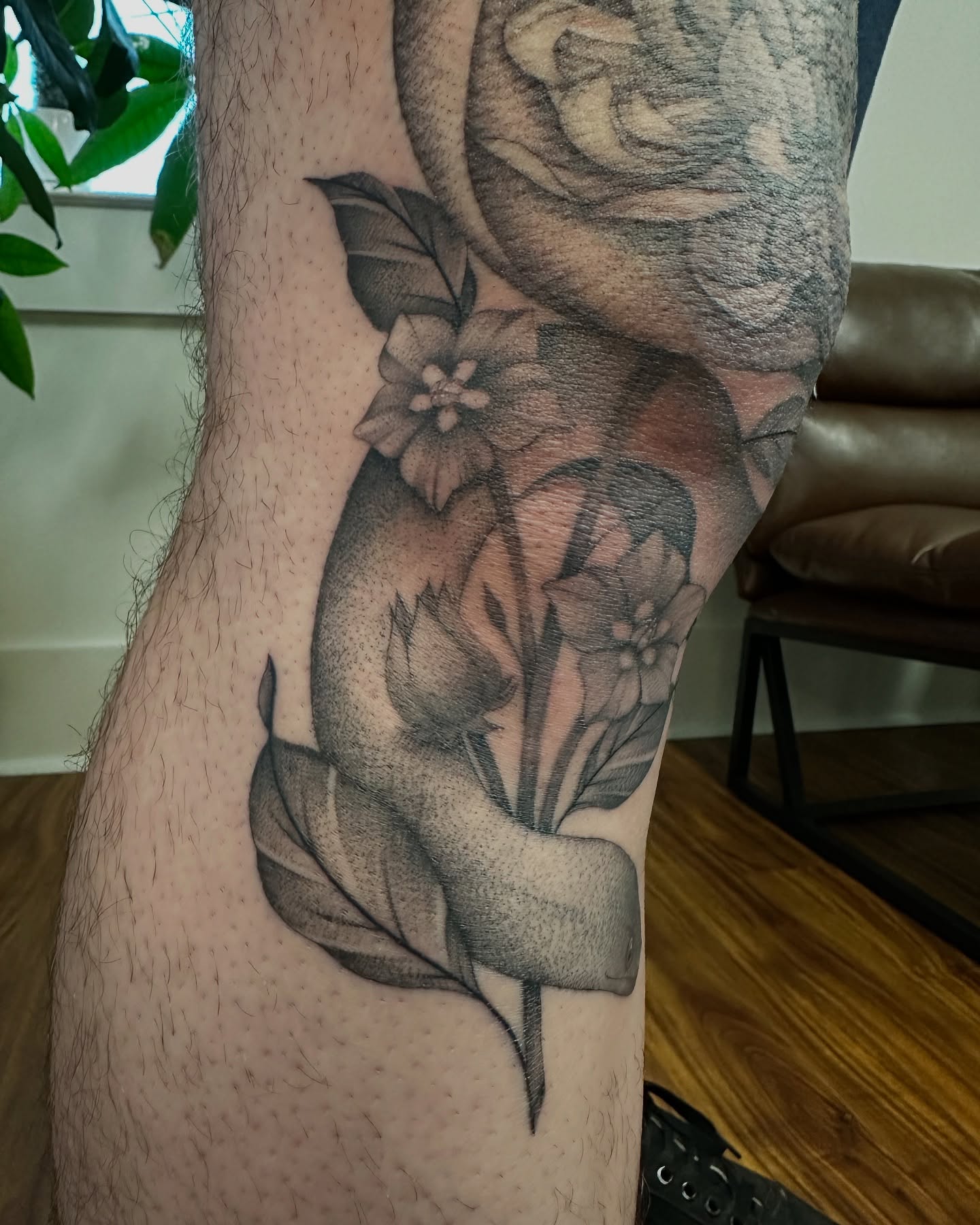 Flowers and leaves black and grey tattoo on the forearm by ๐
๐๐๐๐๐ ๐๐๐๐๐๐