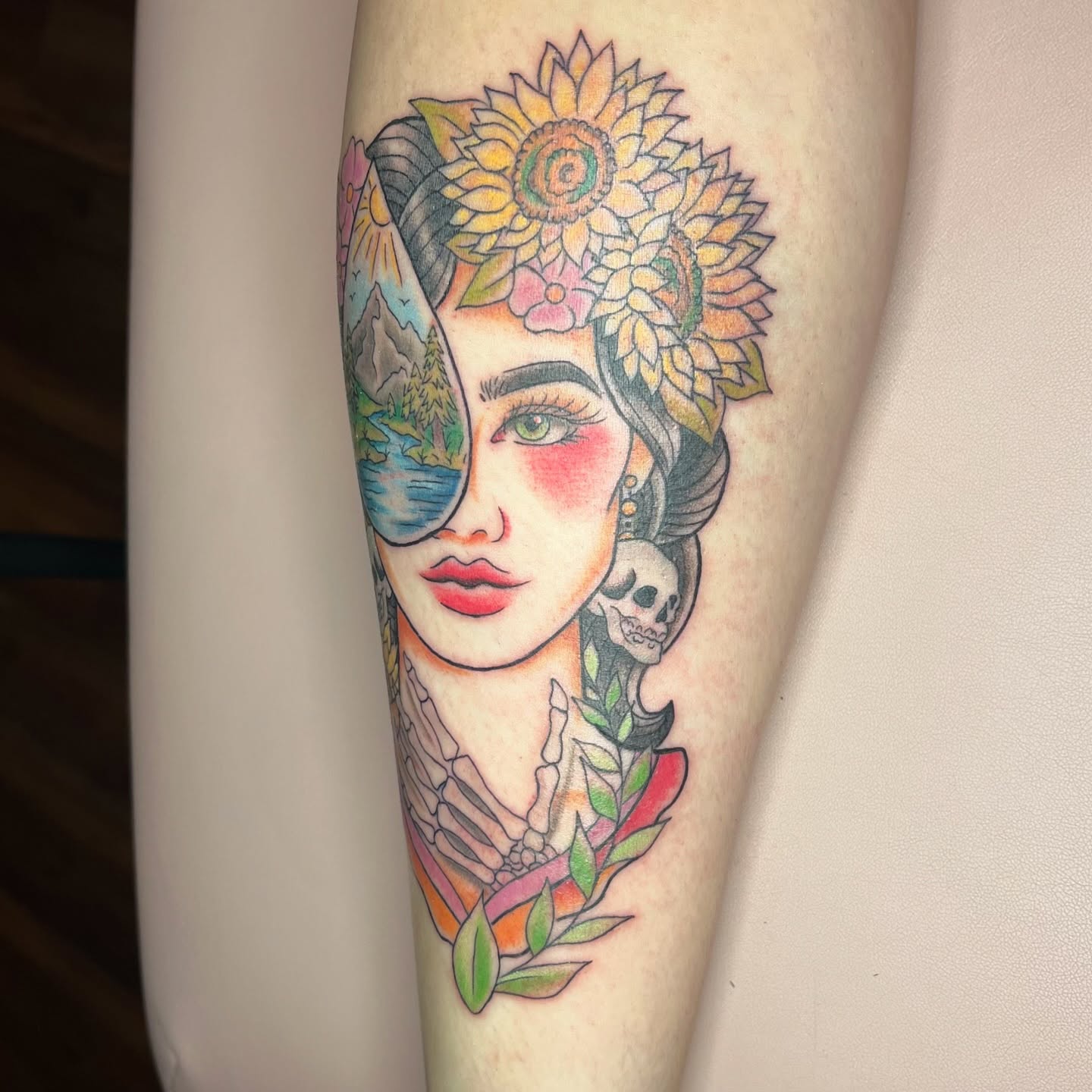 Woman with floral crown American traditional tattoo on the forearm by Krystal ✨
