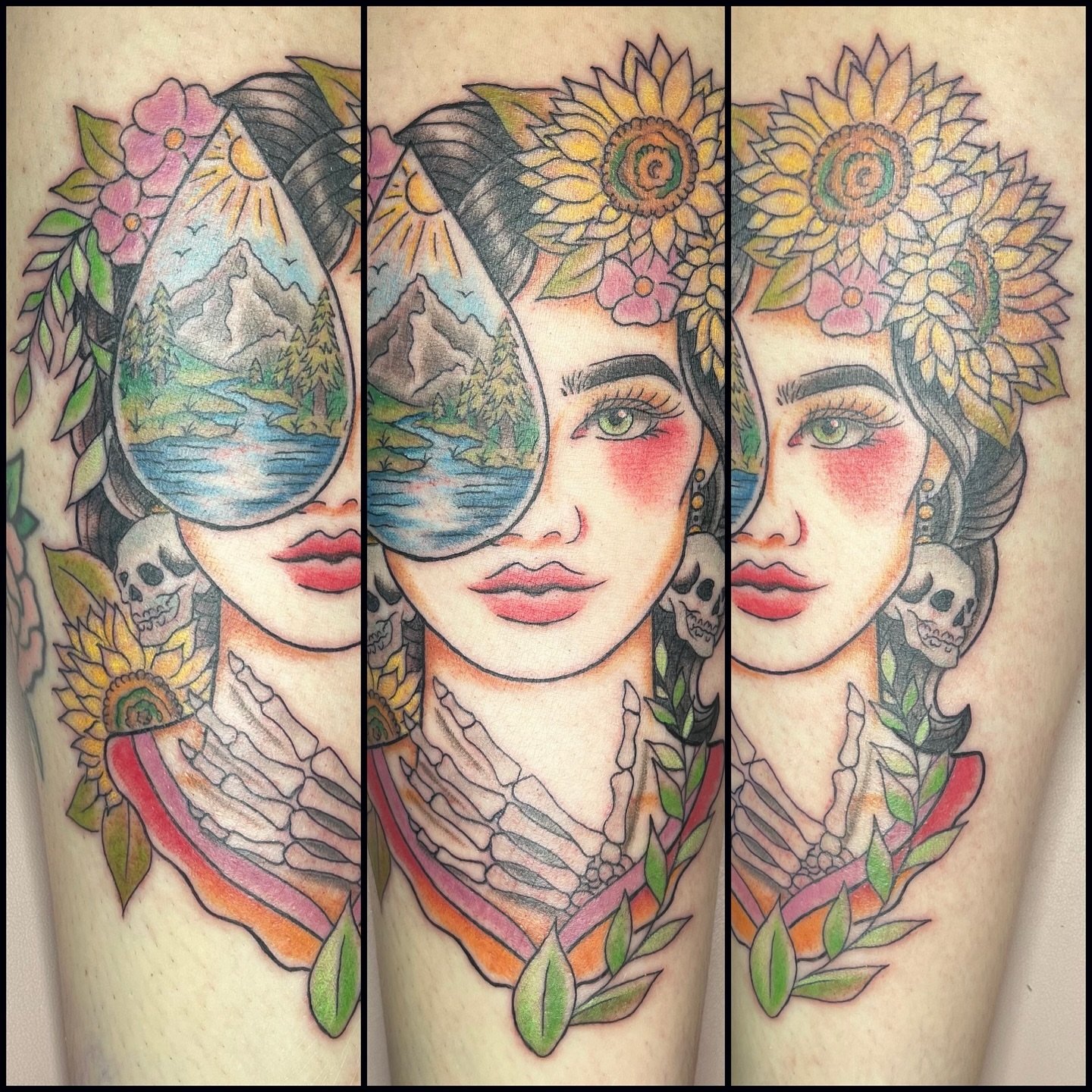 Woman with floral crown new school tattoo on the forearm by Krystal ✨