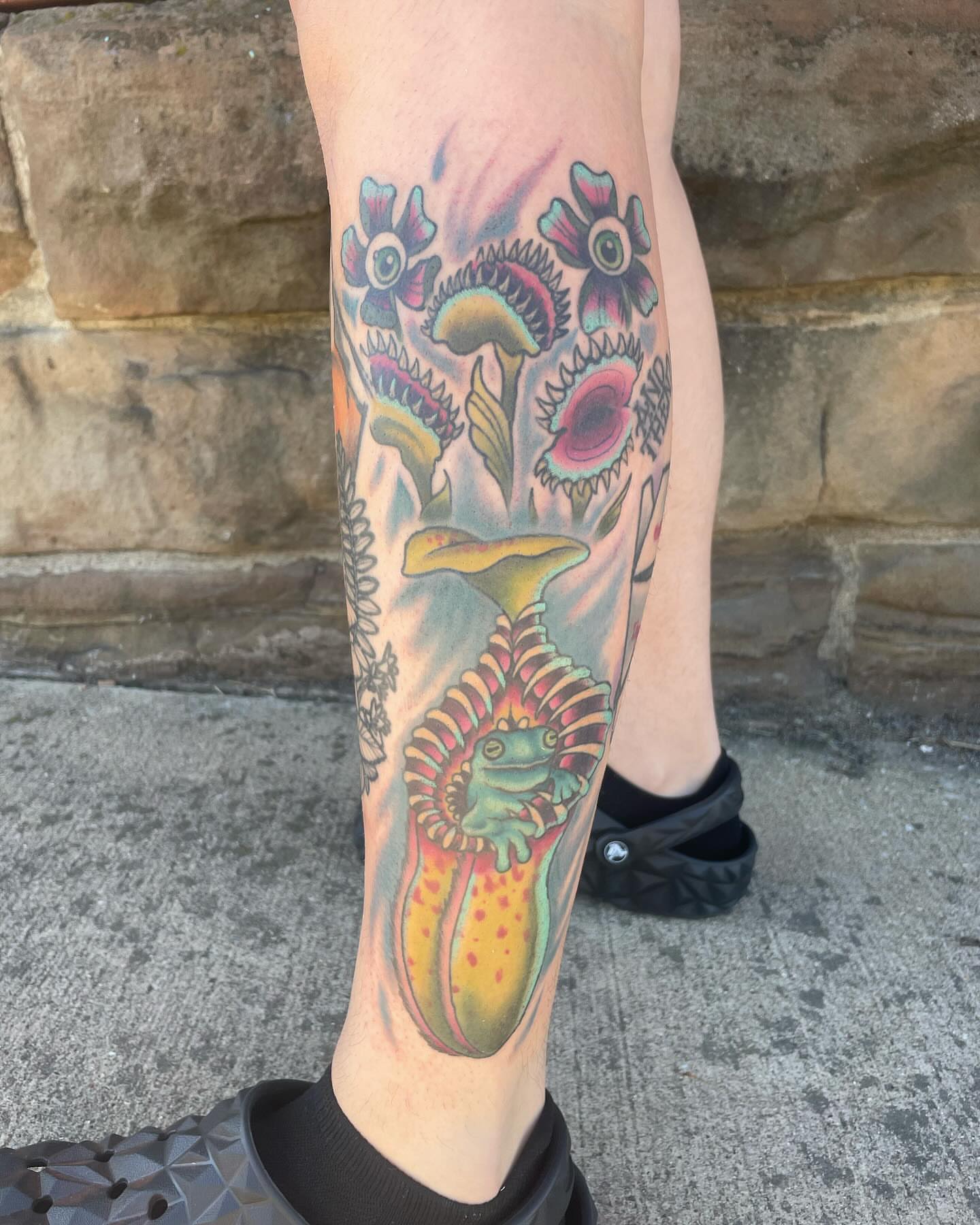 Frog in carnivorous plant new school tattoo on the forearm by Auzzy the Ink Pirate, Mansfield, Ohio