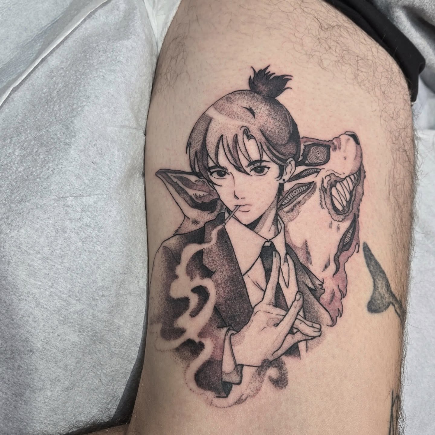 Tattoo by @savshimi — anime, dotwork