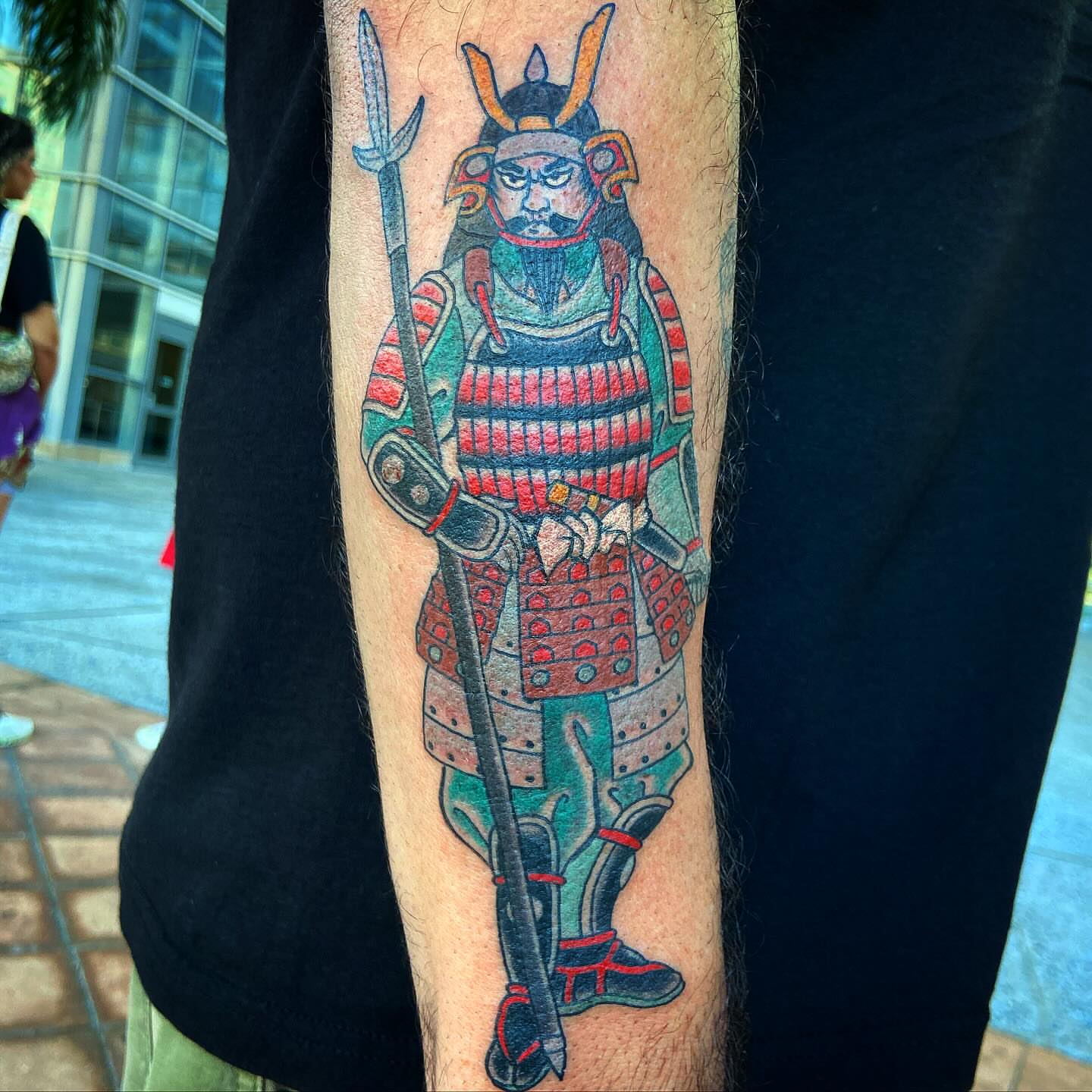 Samurai warrior American traditional tattoo on the forearm by Alex Citrone - Martha’s Vineyard Tattoo