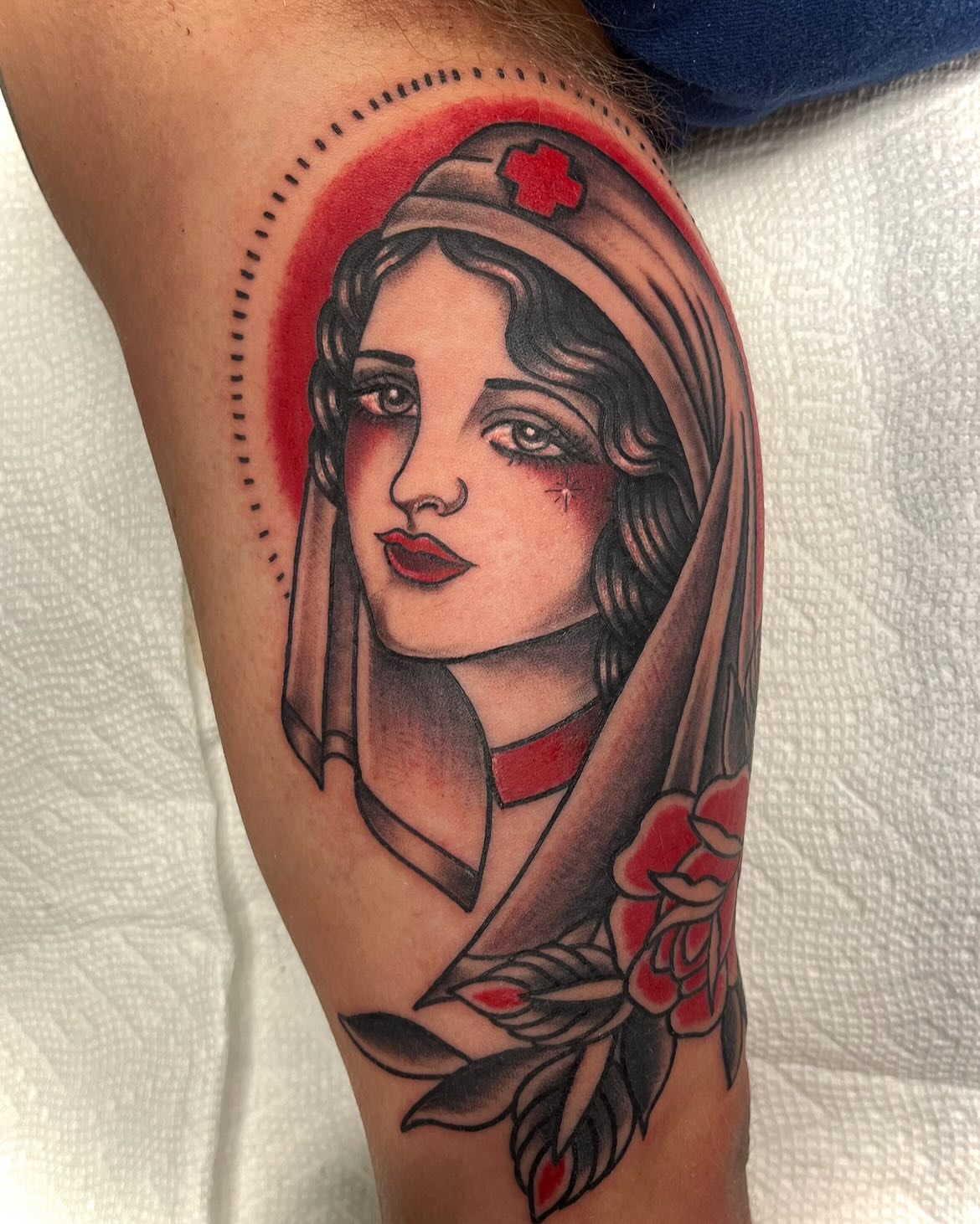 Nurse portrait American traditional tattoo on the forearm by Kat Ackerman