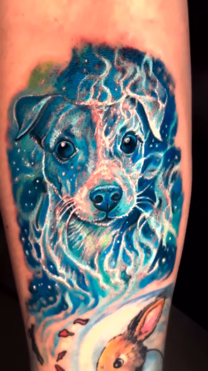 Dog and rabbit realism tattoo by James Moyer