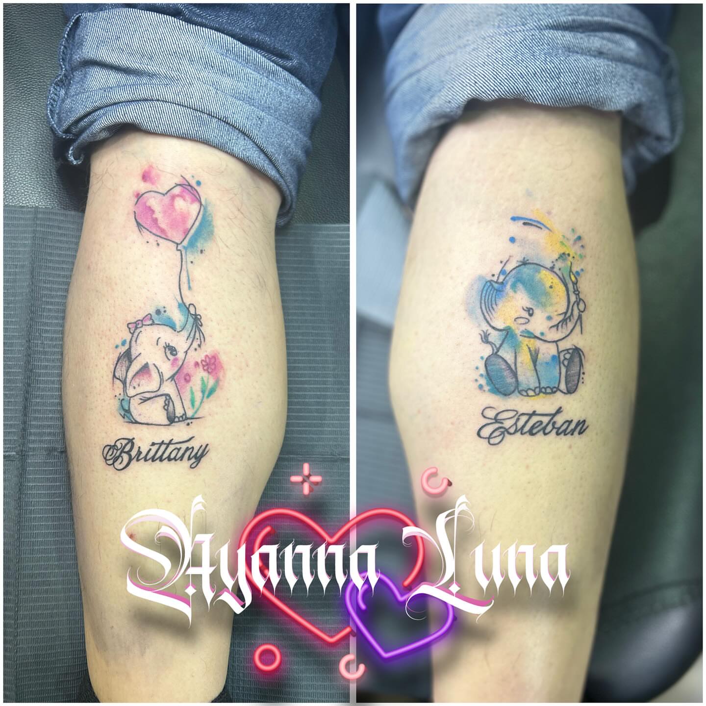 Elephant and heart balloon watercolor tattoo on the forearm by Ayanna Luna