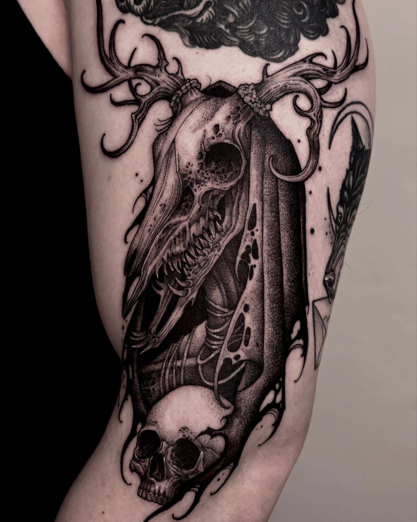 Tattoo by @crvbcore — dotwork, black_and_grey