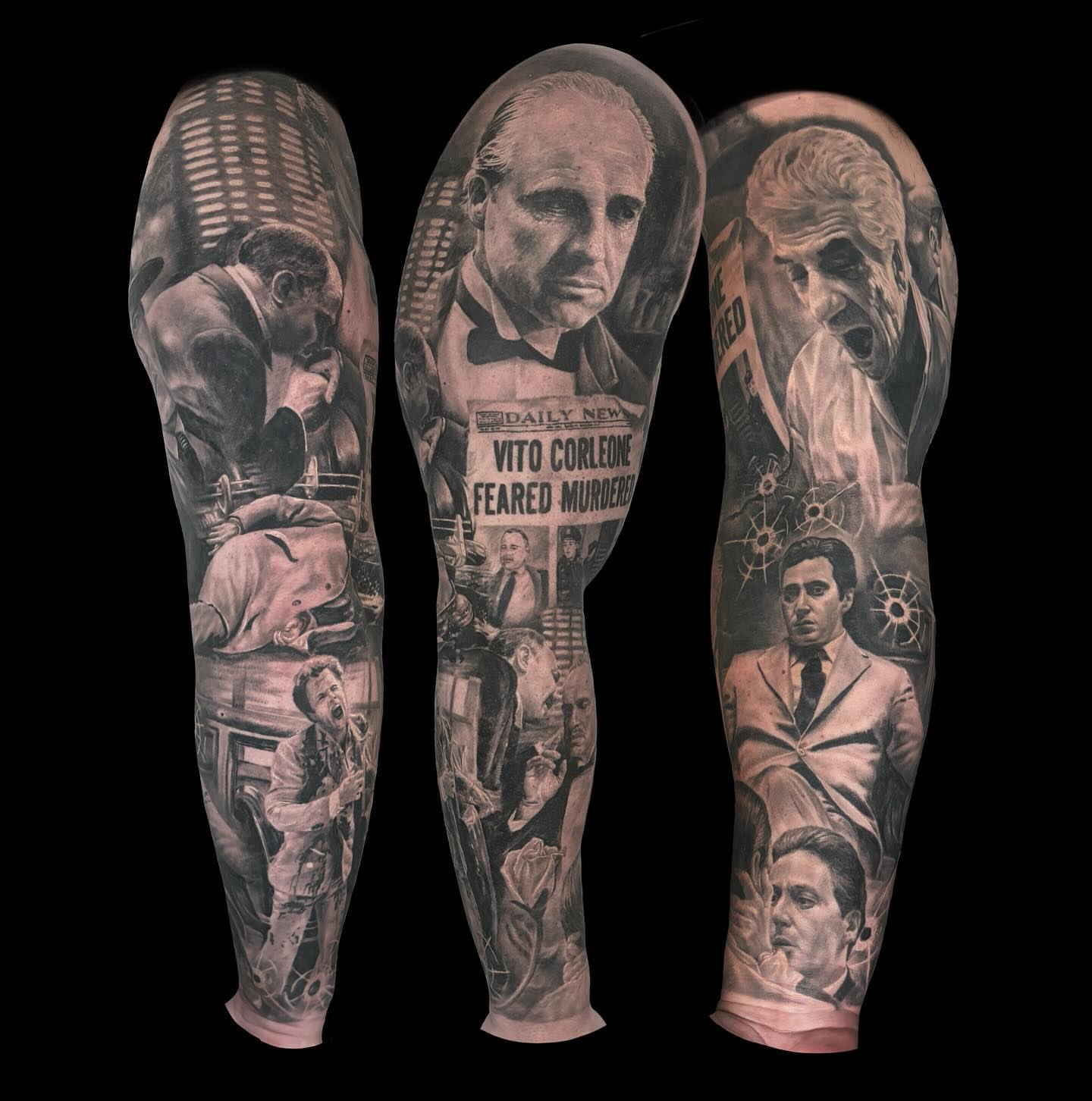 The Godfather realism tattoo on the forearm by Rusty Dornhecker, Columbus, Ohio