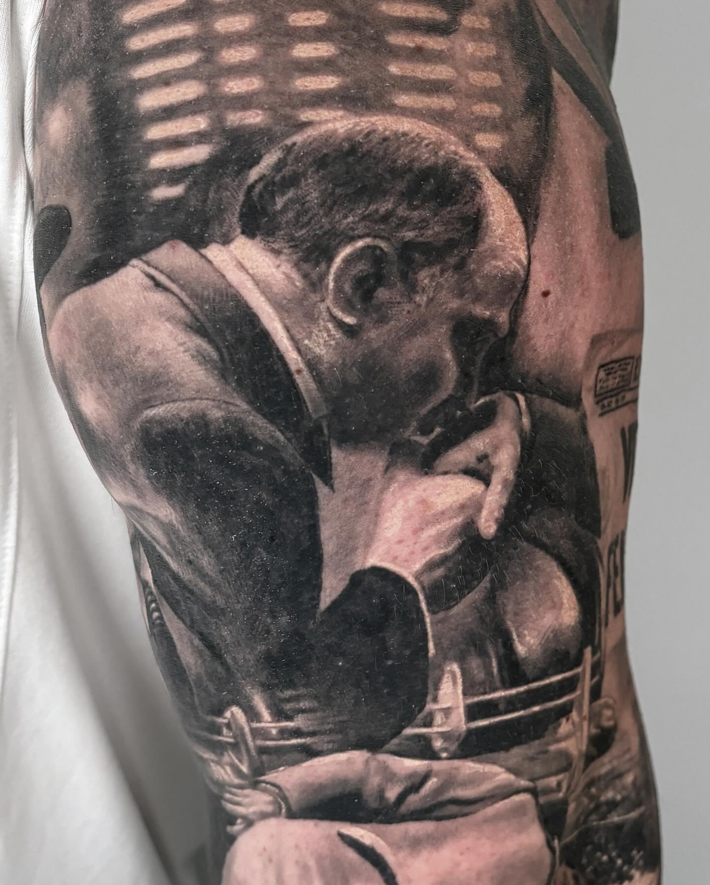 Man smoking realism tattoo on the forearm by Rusty Dornhecker, Columbus, Ohio