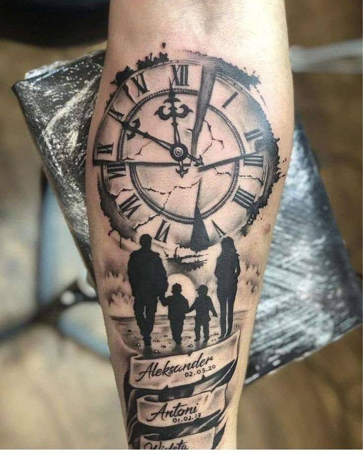 Clock and family silhouette realism tattoo on the forearm by Peter John