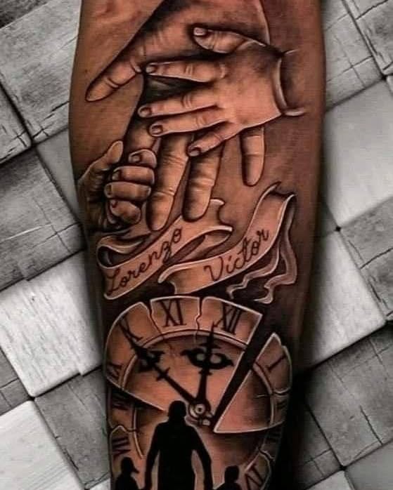 Family hands and clock realism tattoo on the forearm by Peter John
