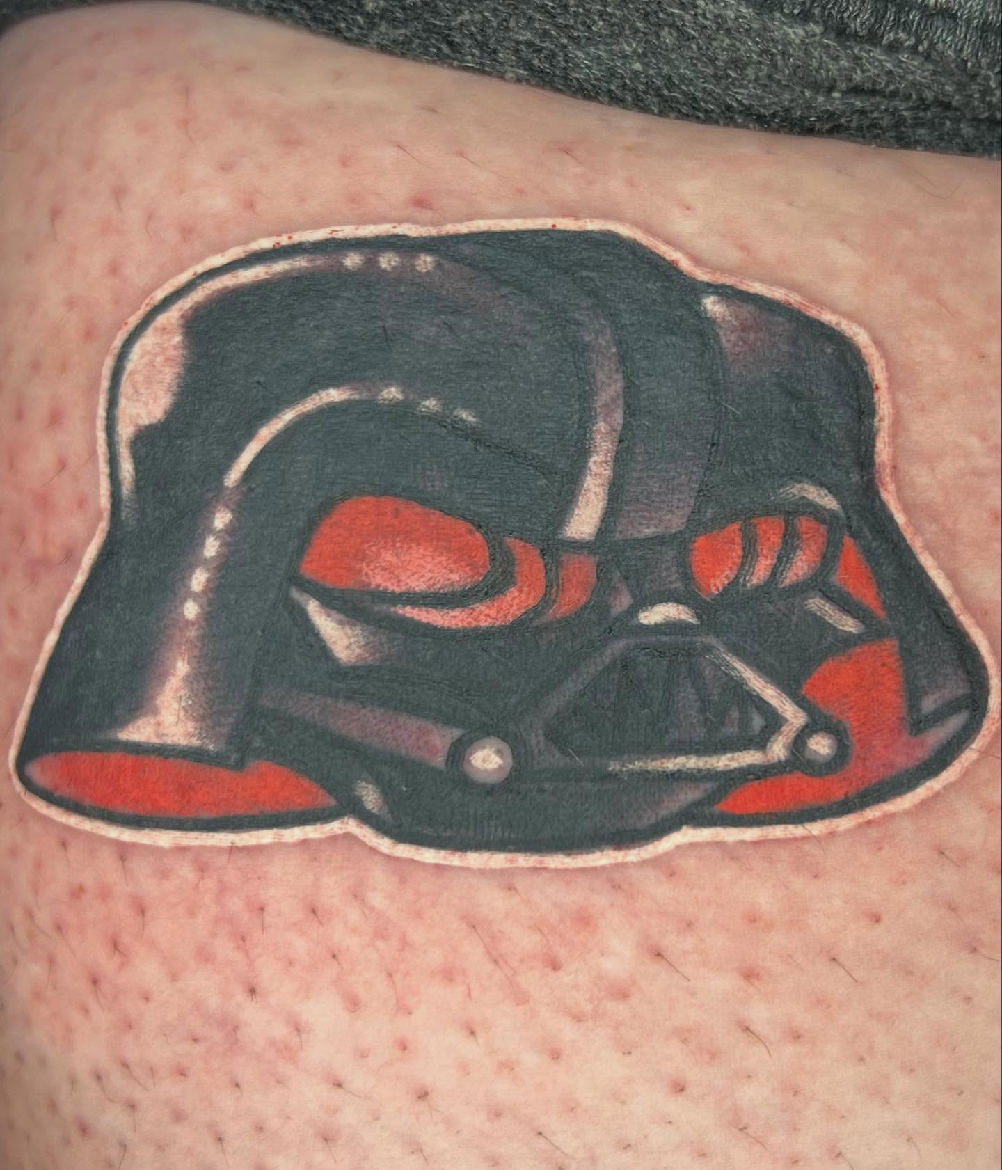 Darth vader helmet American traditional tattoo on the thigh by Will Eagle