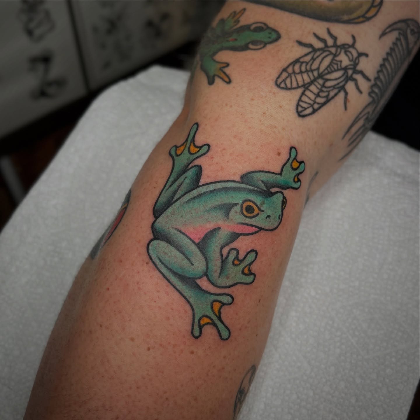 Frog new school tattoo on the forearm by Bright-bold-classic Tattoos, North Hills