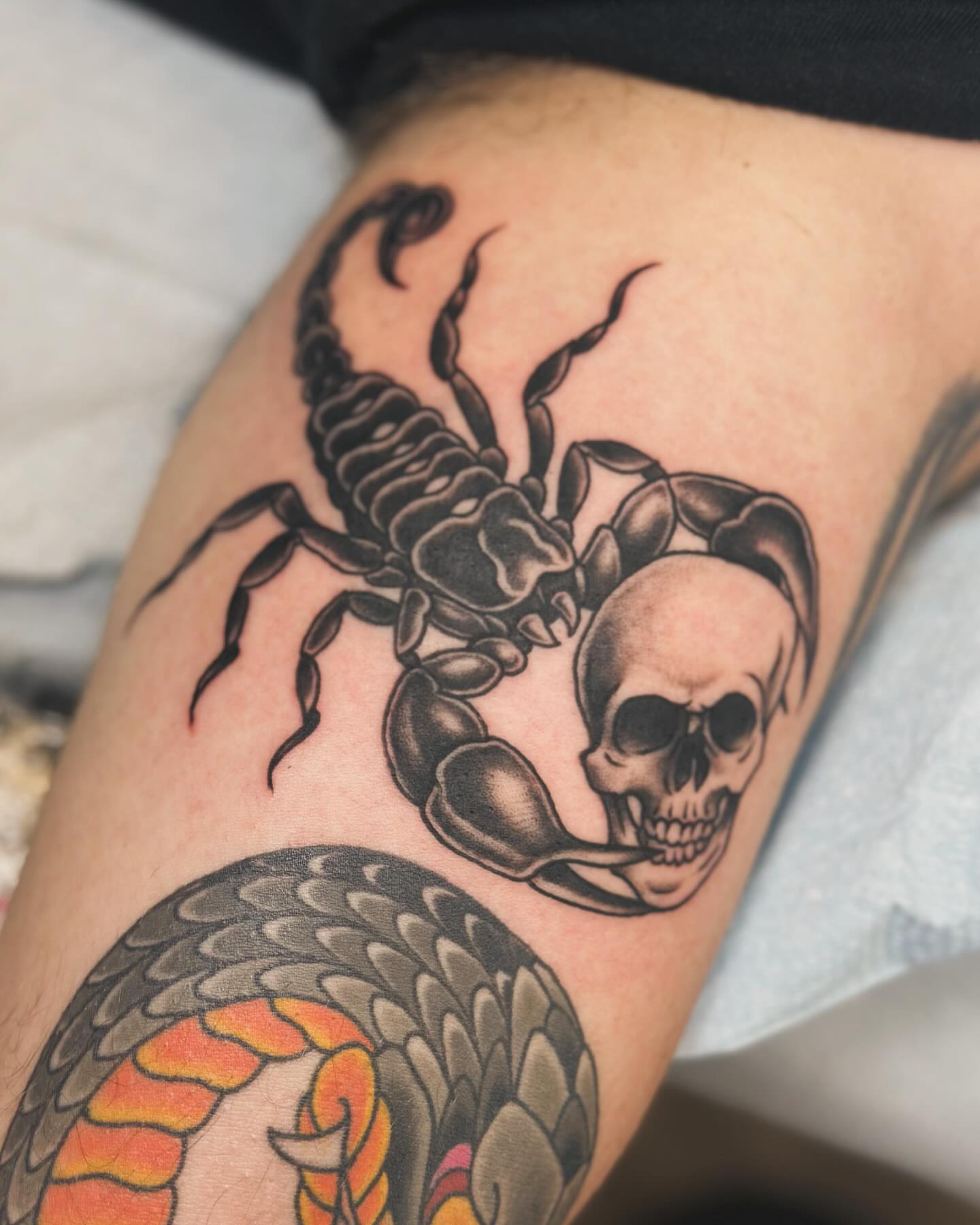 Scorpion and skull realism tattoo on the thigh by Classy Fucking Lady Tattooer