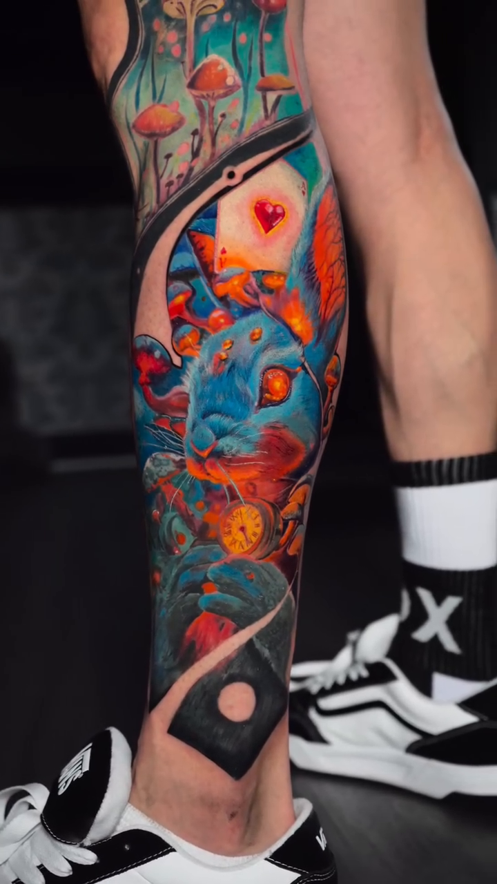 Alice in Wonderland themed leg sleeve new school tattoo by Davier Del Castillo
