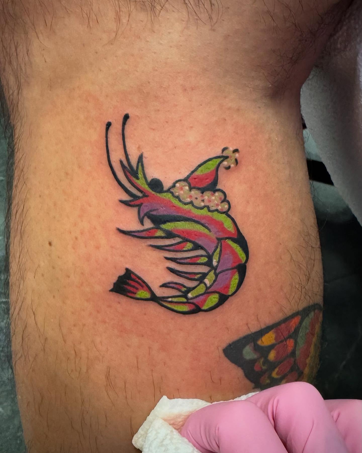Shrimp new school tattoo on the thigh by ✨Jen Lochbihler✨, Dickson, Tennessee