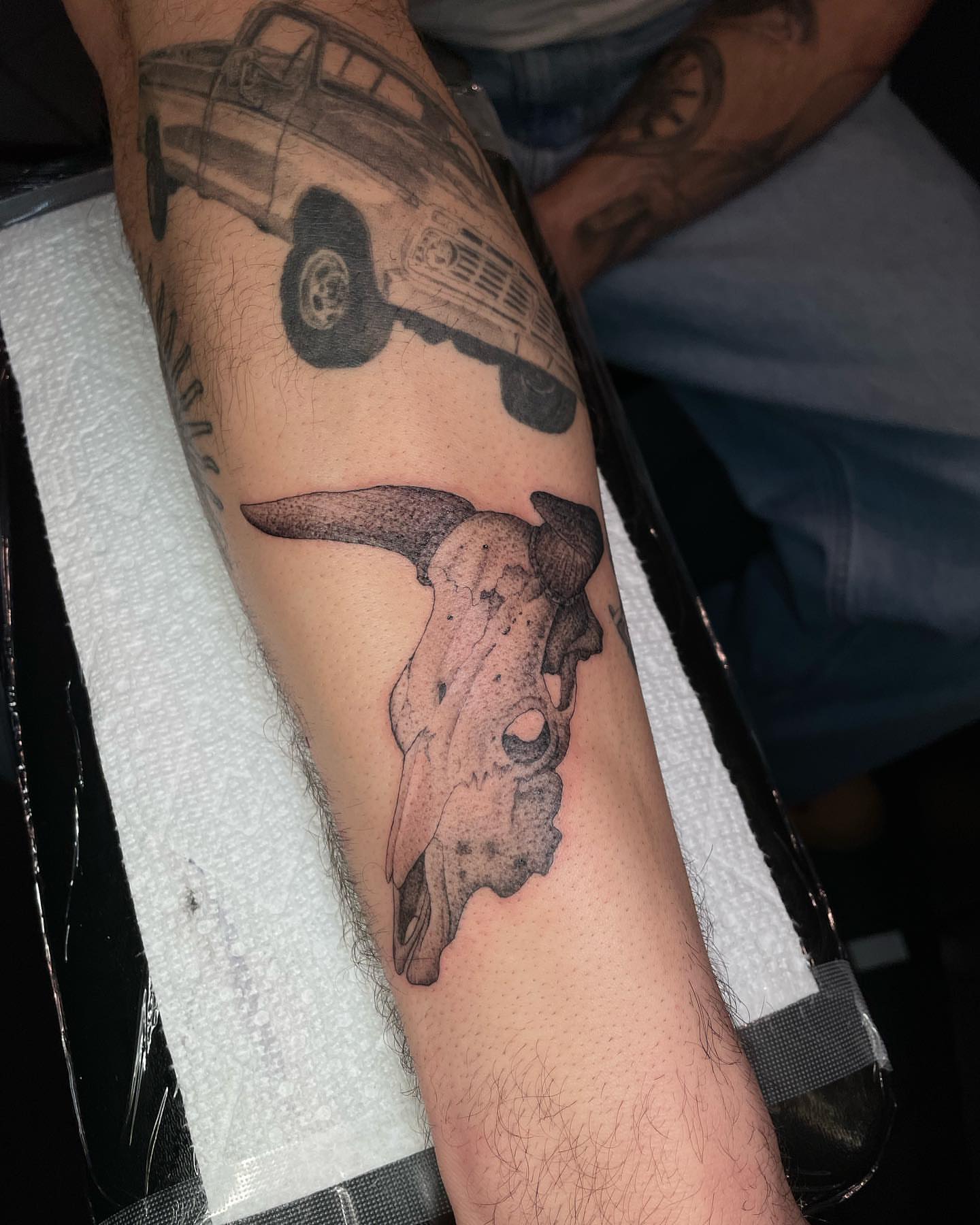 Bull skull dotwork tattoo on the forearm by Jesus A.