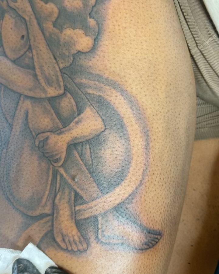 Man riding snake dotwork tattoo on the thigh by Azaan (Zanye), Birmingham, Alabama