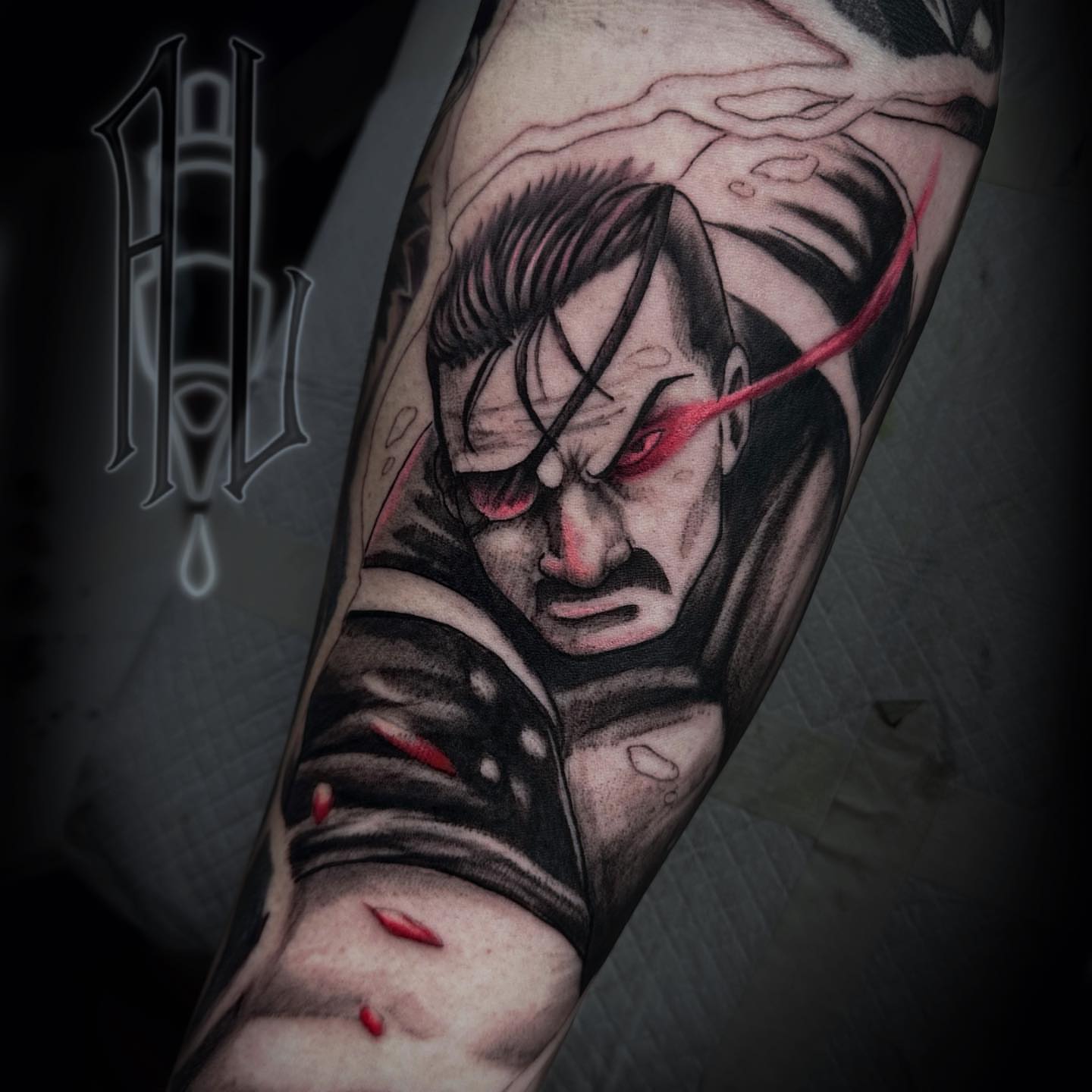 Man with intense expression realism tattoo on the forearm by Andrew Luce
