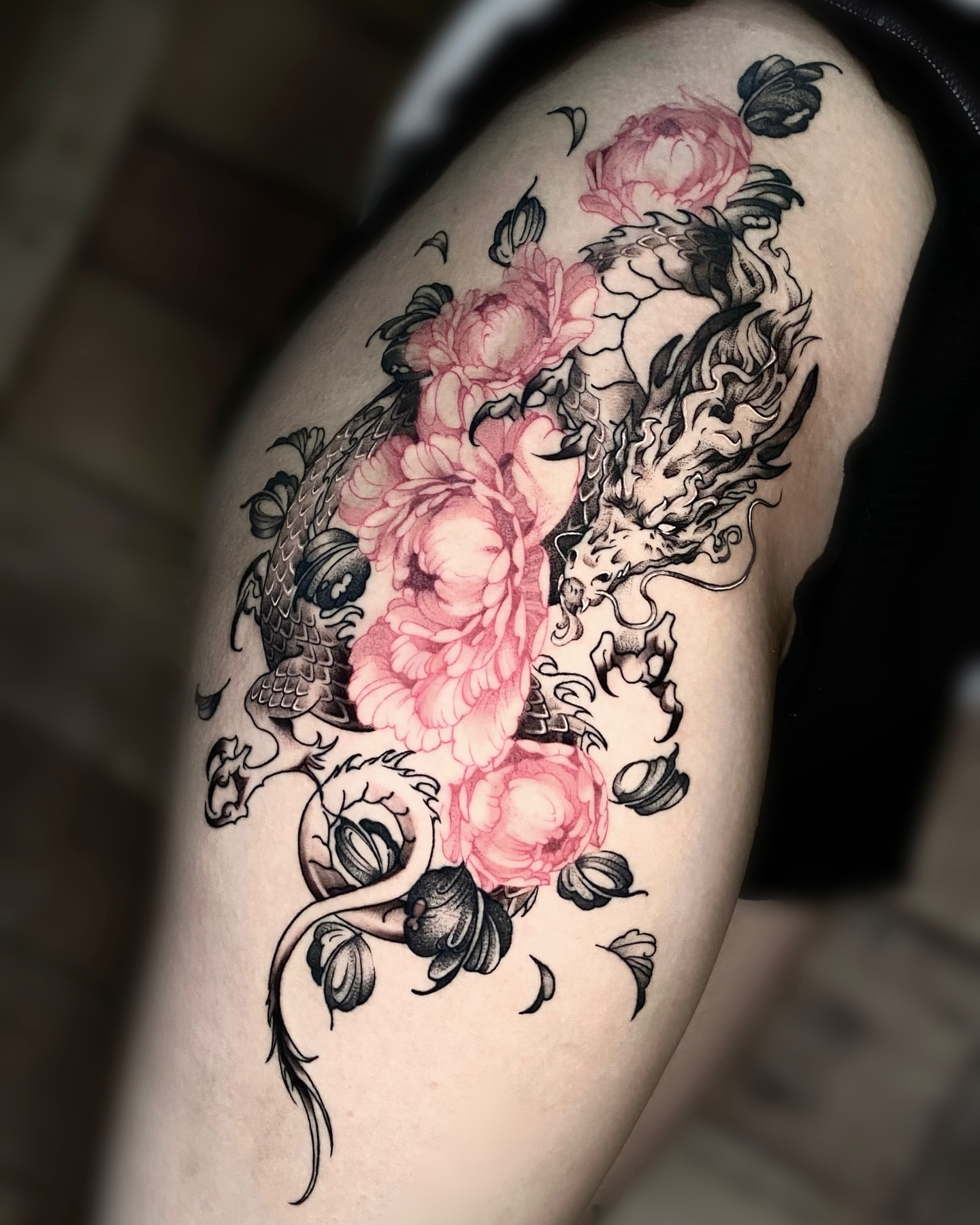 Peony and dragon japanese irezumi tattoo on the thigh by IVY