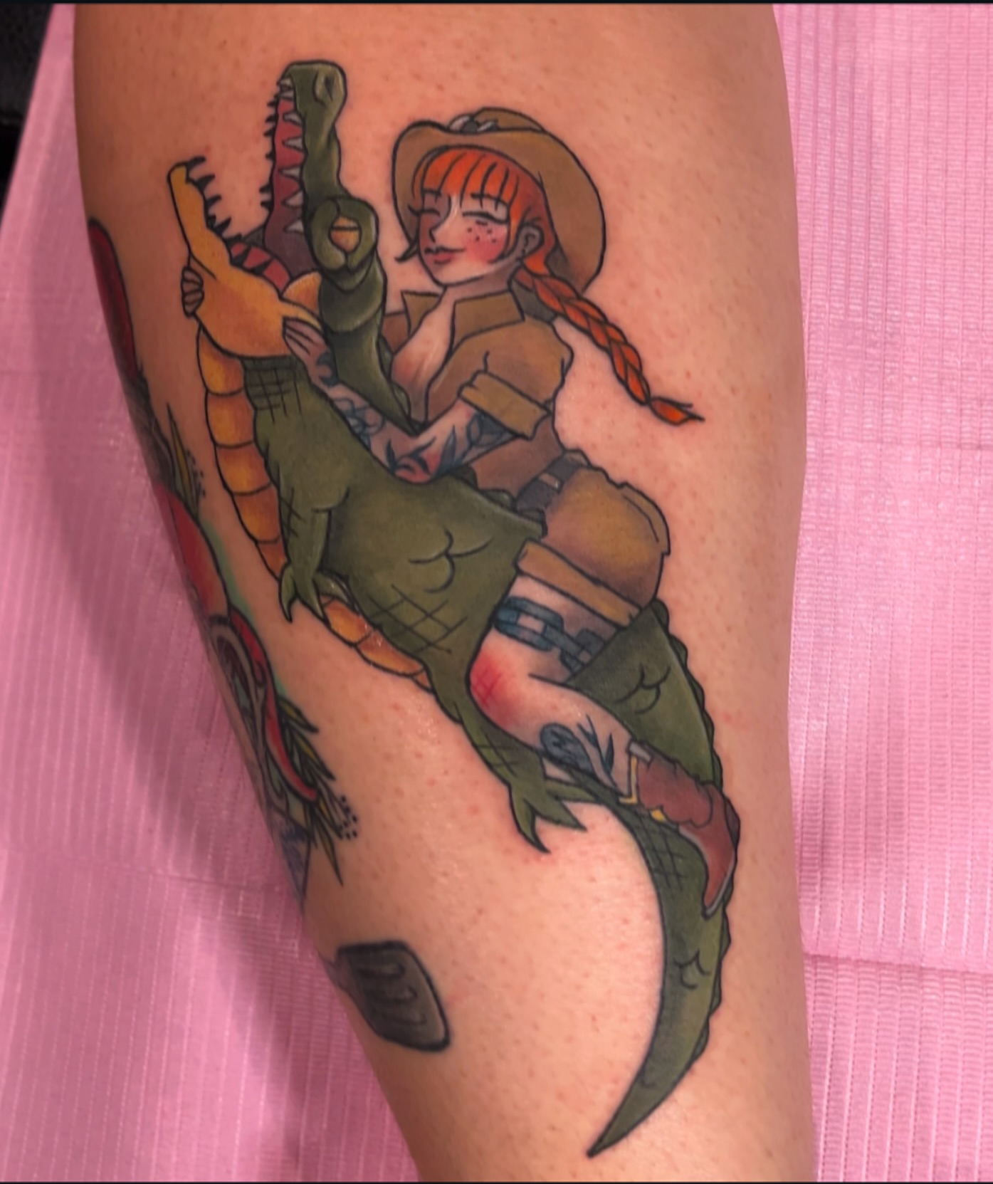 Cowgirl riding dinosaur American traditional tattoo on the thigh by β¨ ππ π₯π ππππ₯π β¨Tattoo Studio