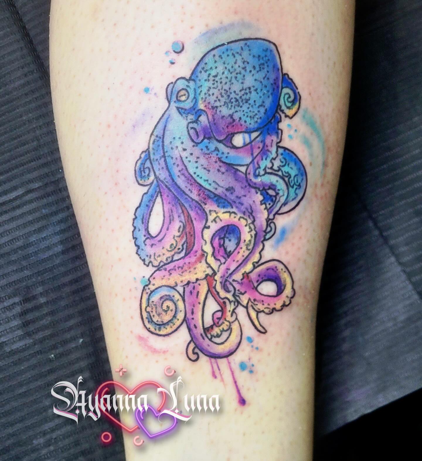 Octopus watercolor tattoo on the forearm by Ayanna Luna