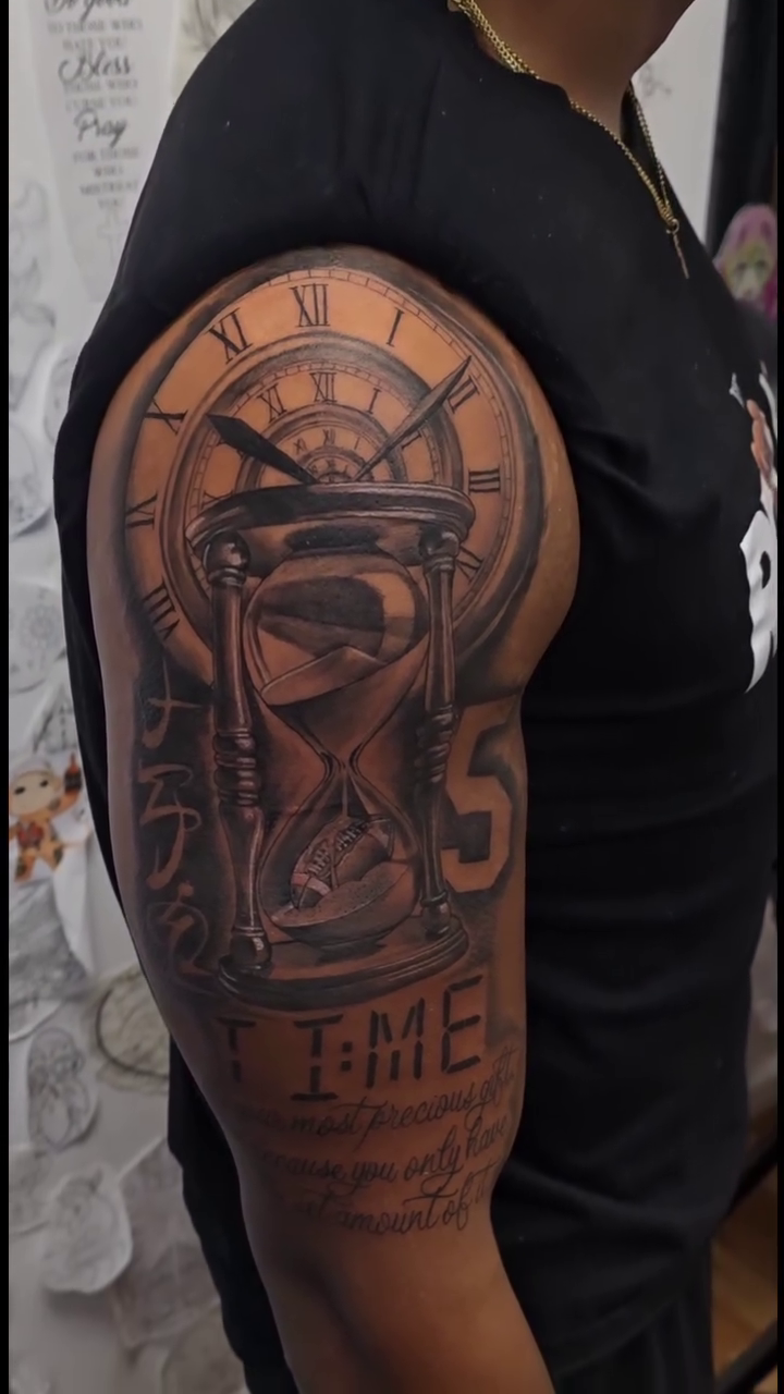 Hourglass and clock realism tattoo by Camuel Whaley
