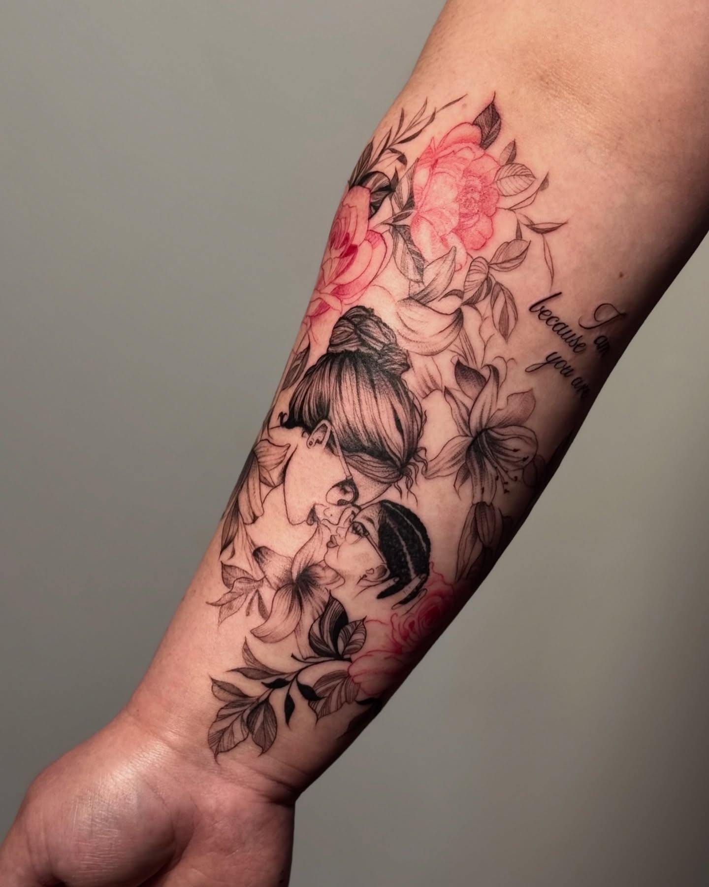 Couple kissing realism tattoo on the forearm by Kbtattz