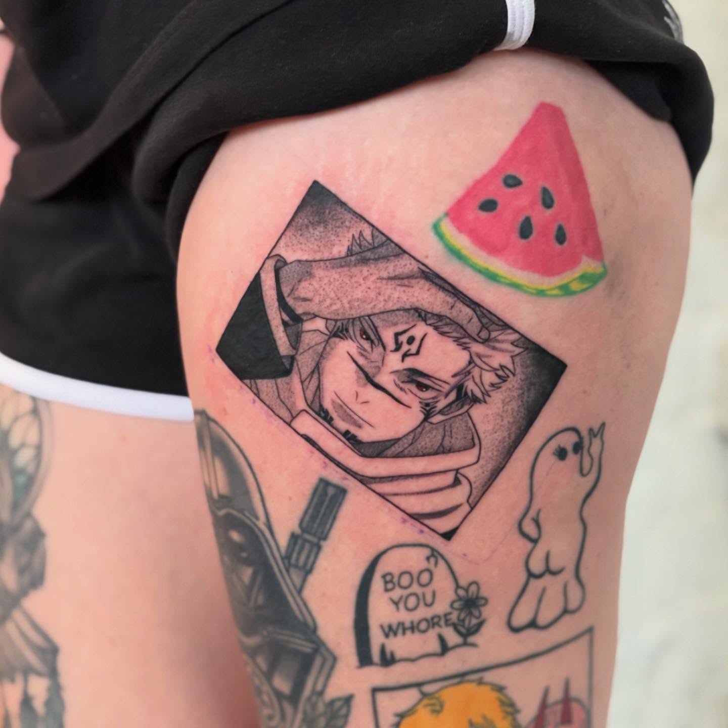Watermelon slice dotwork tattoo on the thigh by ✨Dani Jackson✨, New Orleans, Louisiana