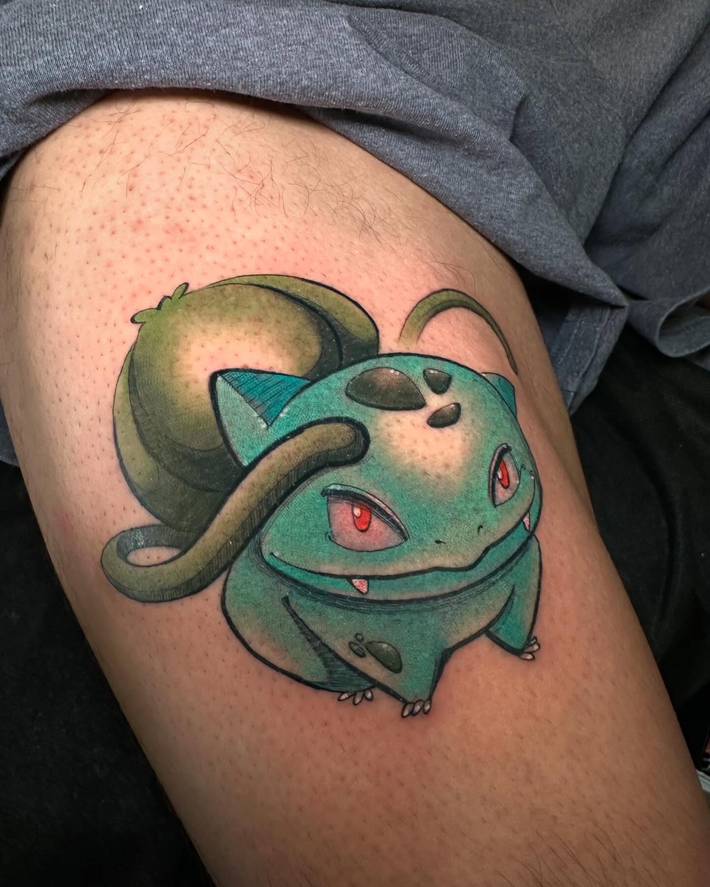 Bulbasaur dotwork tattoo on the thigh by Noel Martinez, Golden, Colorado