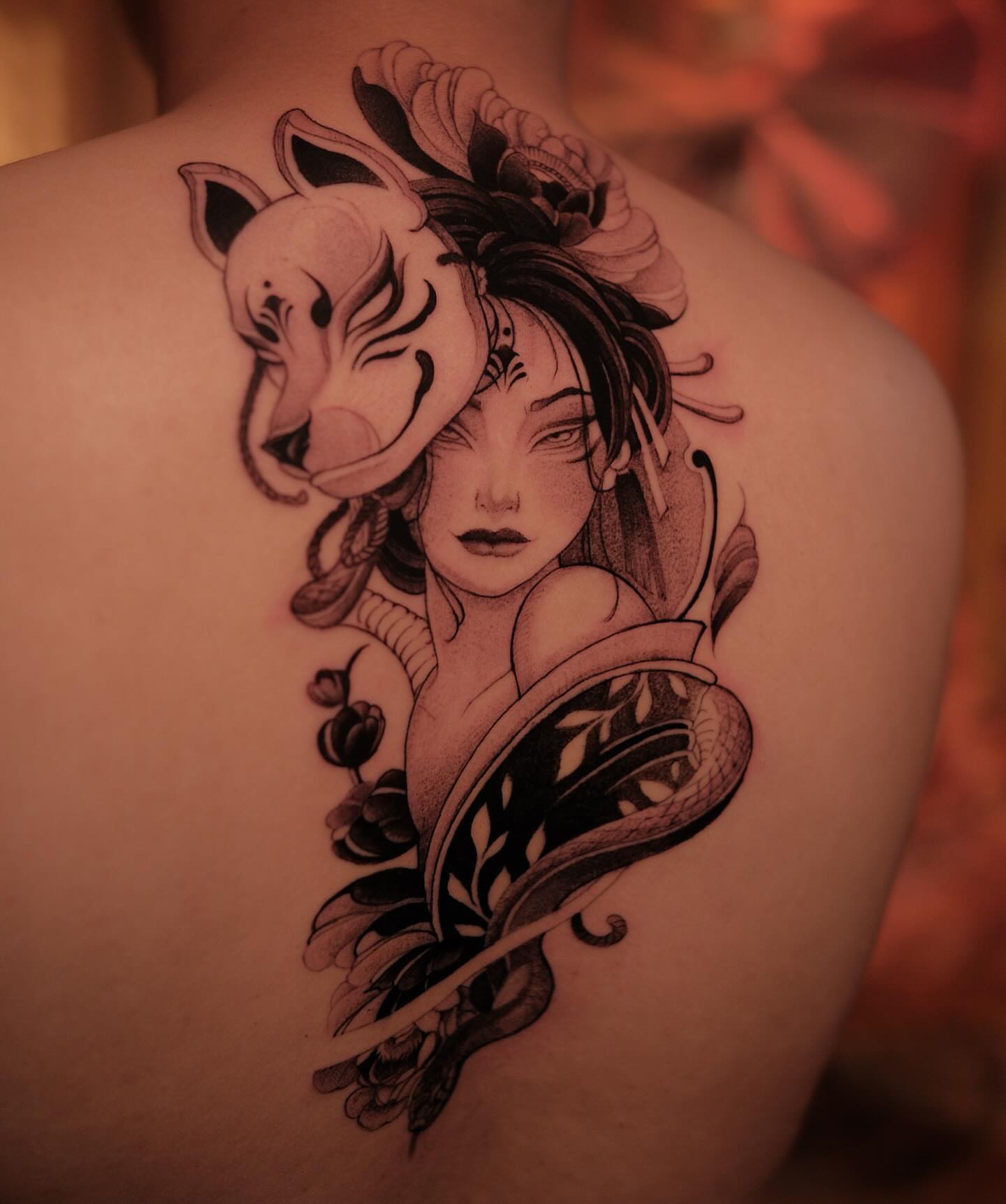 Woman with horse head realism tattoo on the shoulder by Navei