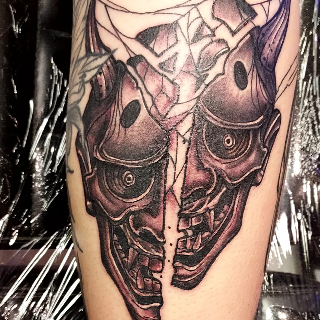 Cyborg skull geometric tattoo on the forearm by Dave Johnson, Billings, Montana