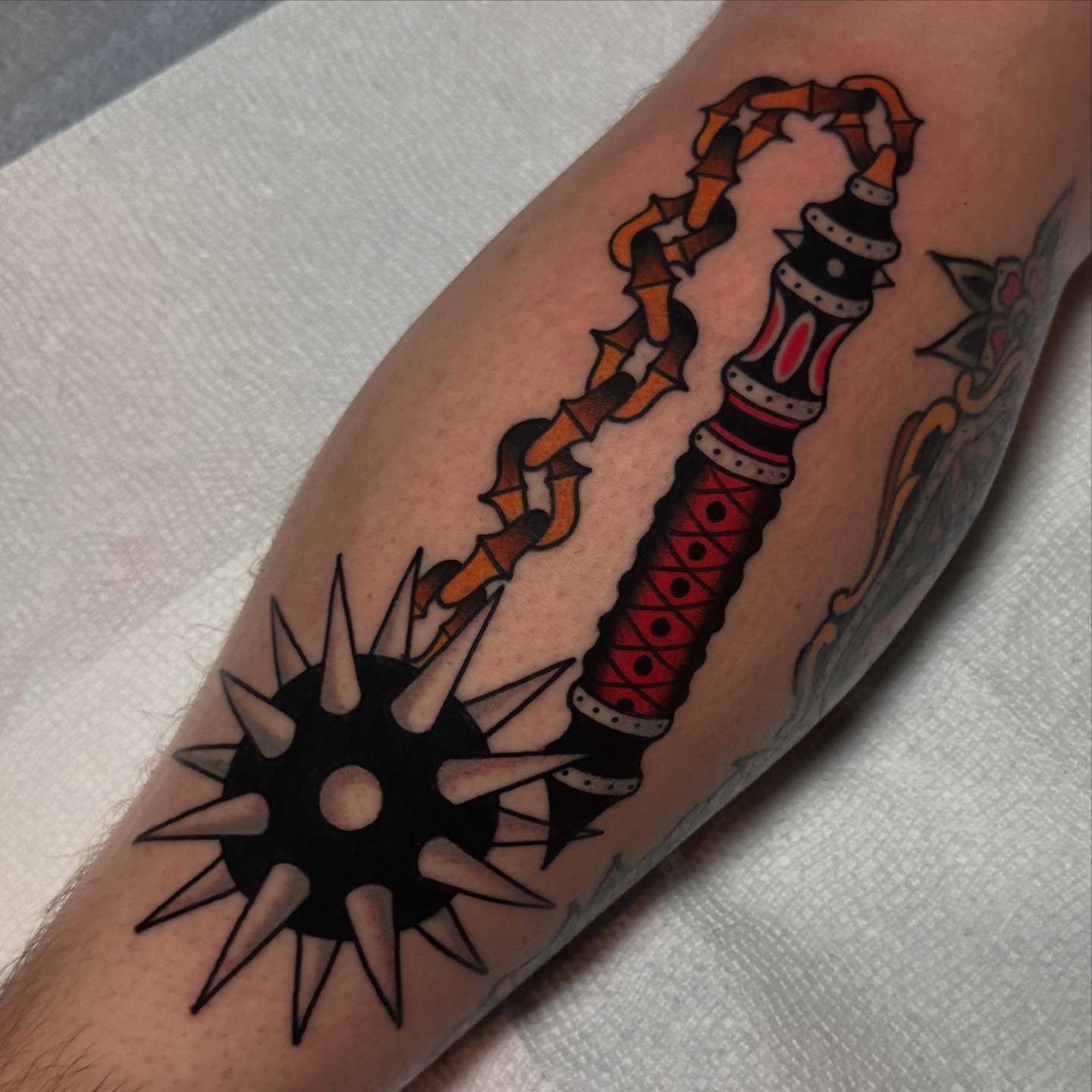 Dagger American traditional tattoo on the forearm by K y l e   M a c K e n z i e, Salem, Massachusetts
