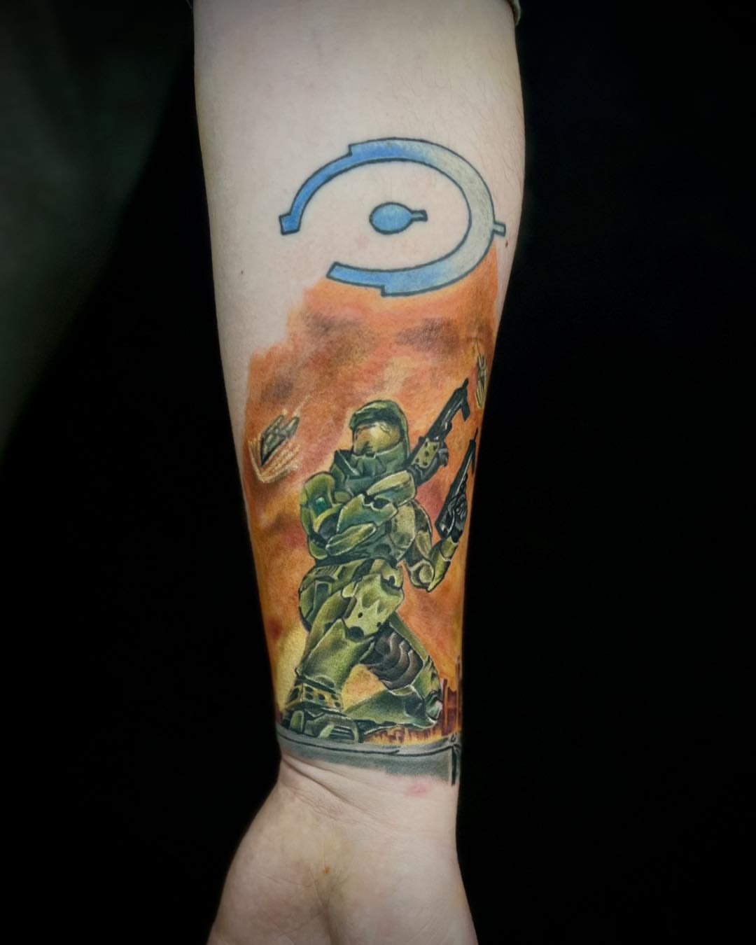 Master chief realism tattoo on the forearm by James Reed Tattoo artist