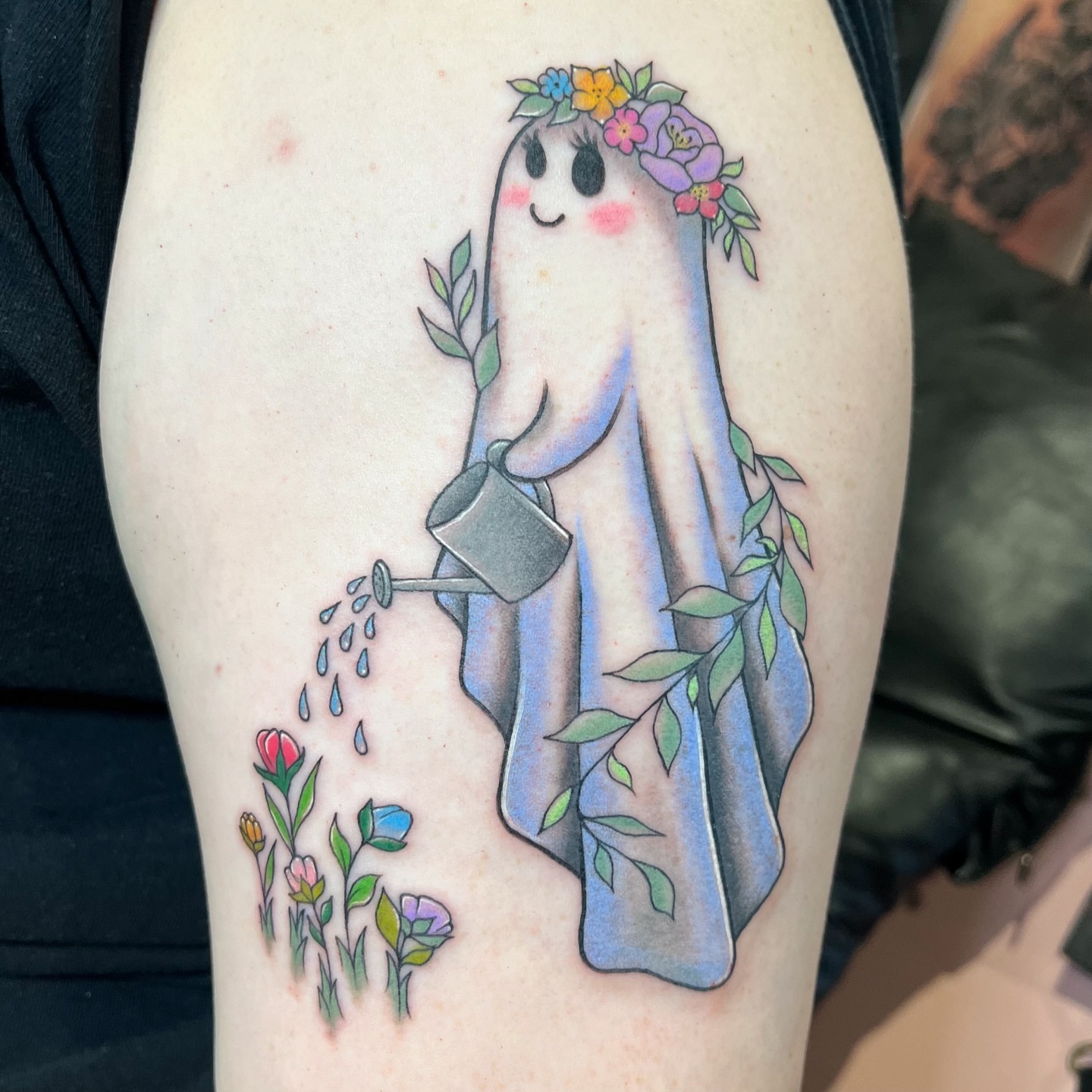Ghost watering flowers new school tattoo on the thigh by Krystal ✨