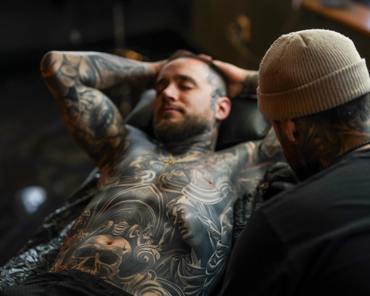 Religious figure black and grey tattoo on the chest by Fábio Guerreiro