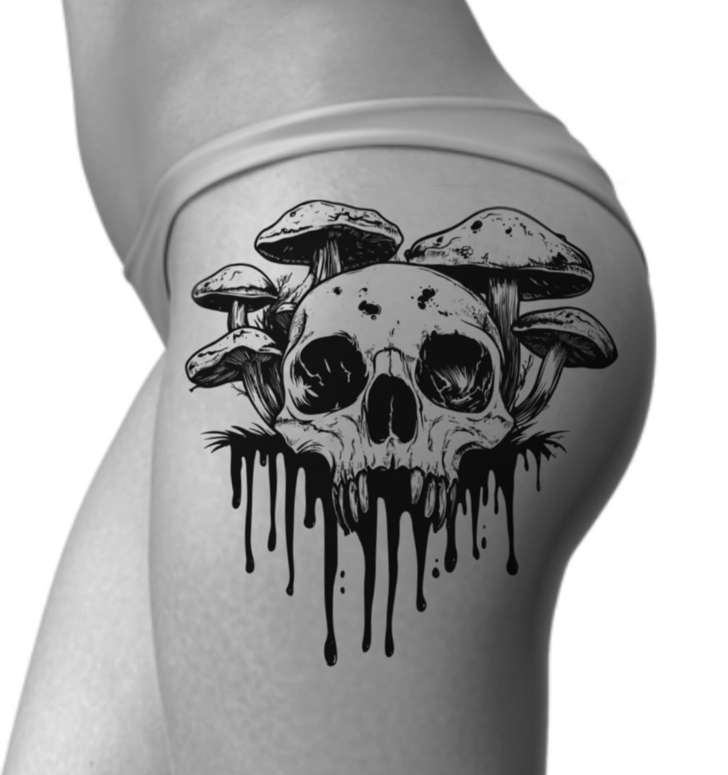 Skull with mushrooms dark realism tattoo on the thigh by Bryan Black