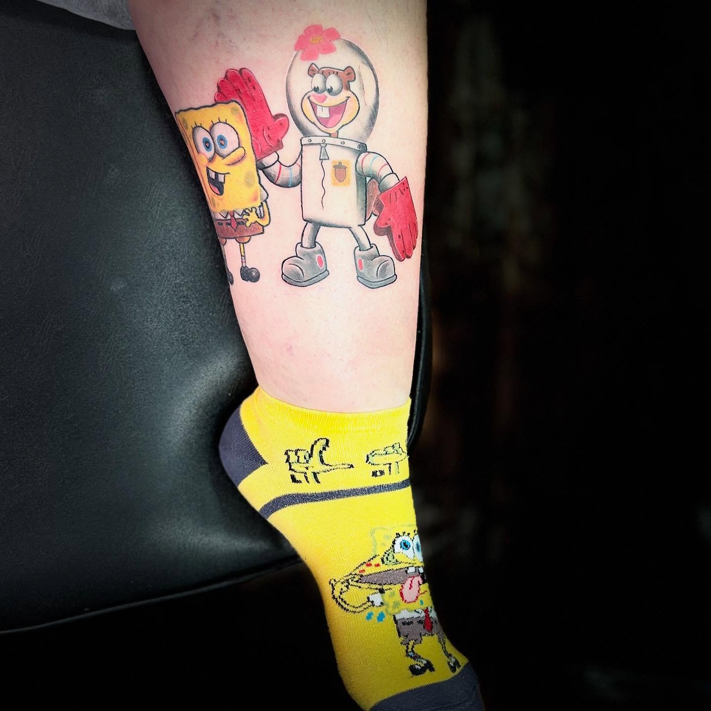 Spongebob squarepants and patrick star new school tattoo on the forearm by Comic-Book-M πͺβπ½π₯