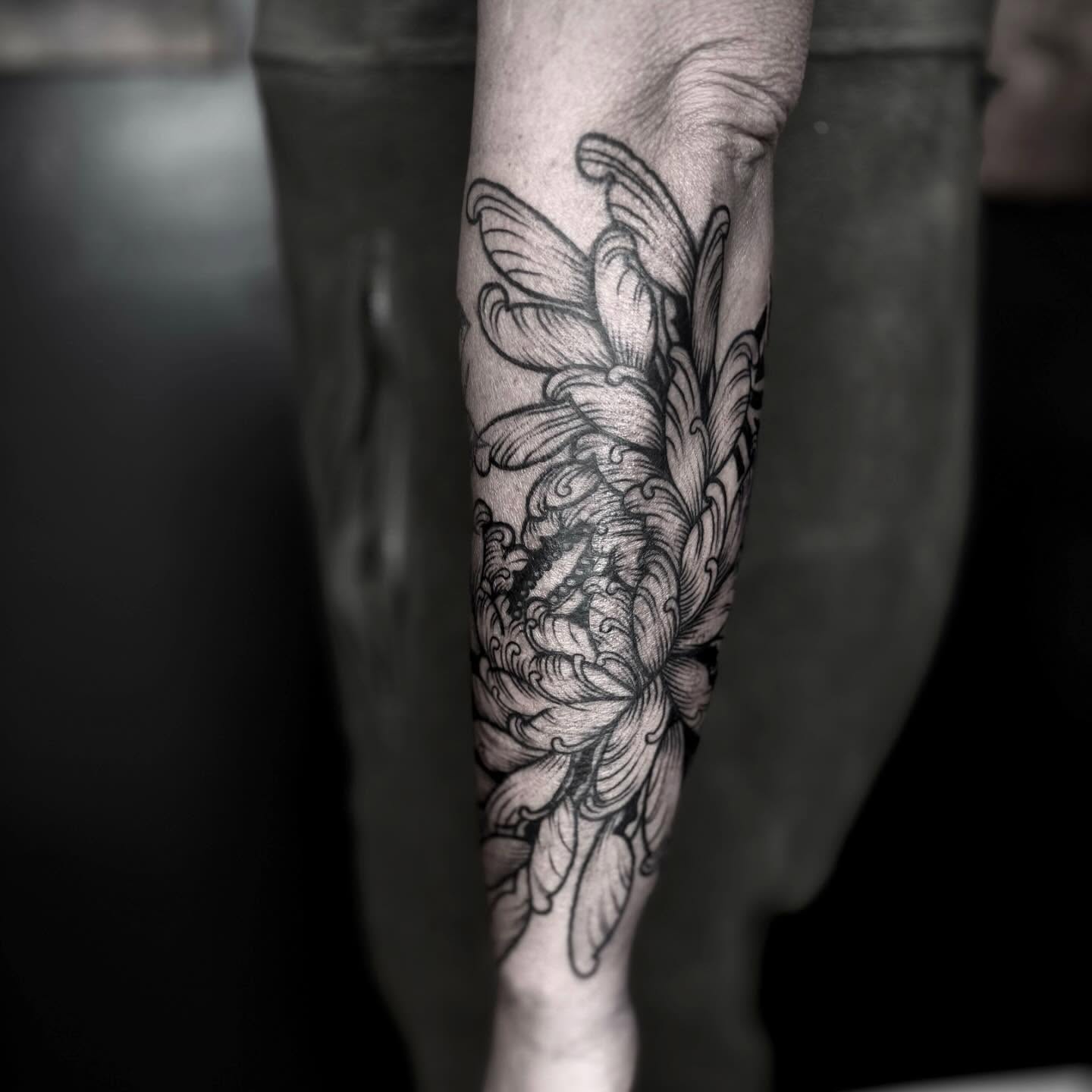 Chrysanthemum black and grey tattoo on the forearm by t a y l o r