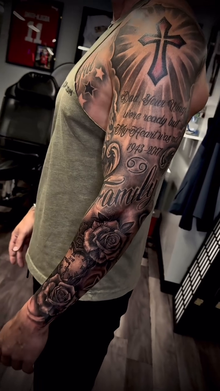 Religious imagery and roses realism tattoo by Tatt2T (T King)