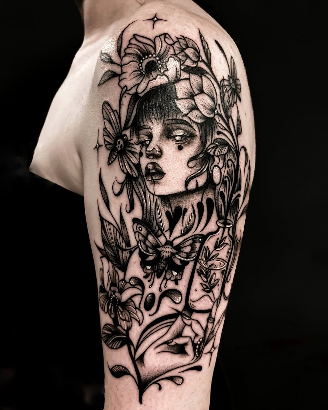 Woman with flowers and butterflies realism tattoo on the shoulder by ✿ Desiree Gawle ✿
