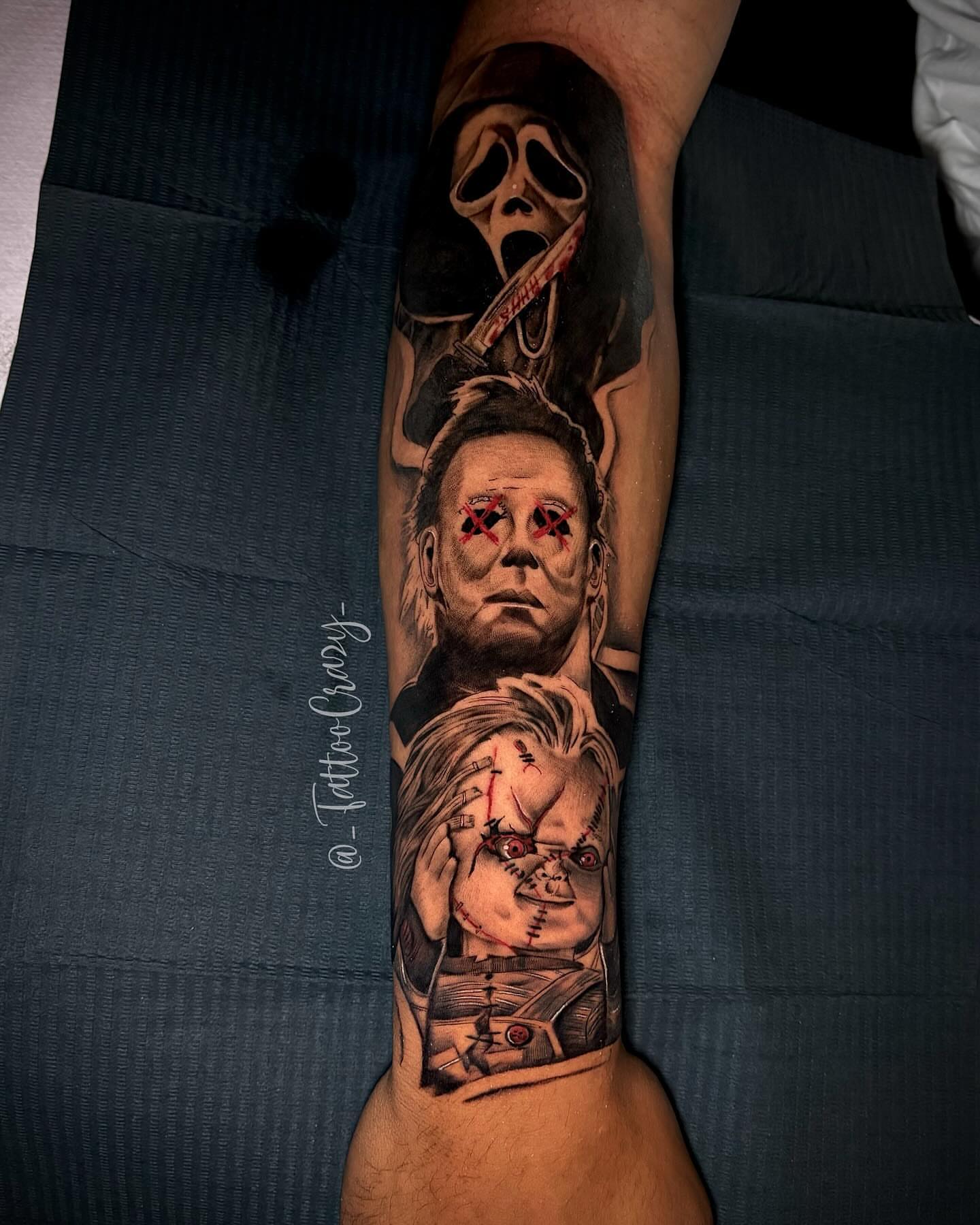 Horror movie characters realism tattoo on the forearm by TattooCrazy🎭