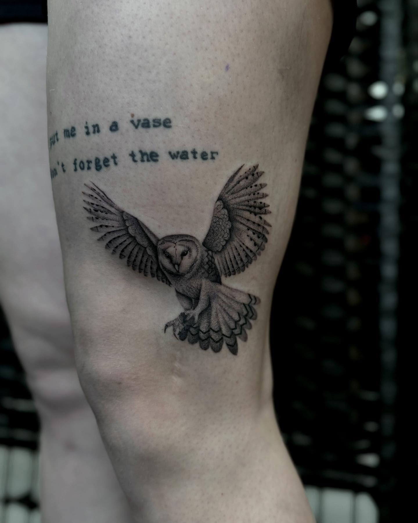 Owl black and grey tattoo on the forearm by Isabel Smith🦋🕷️