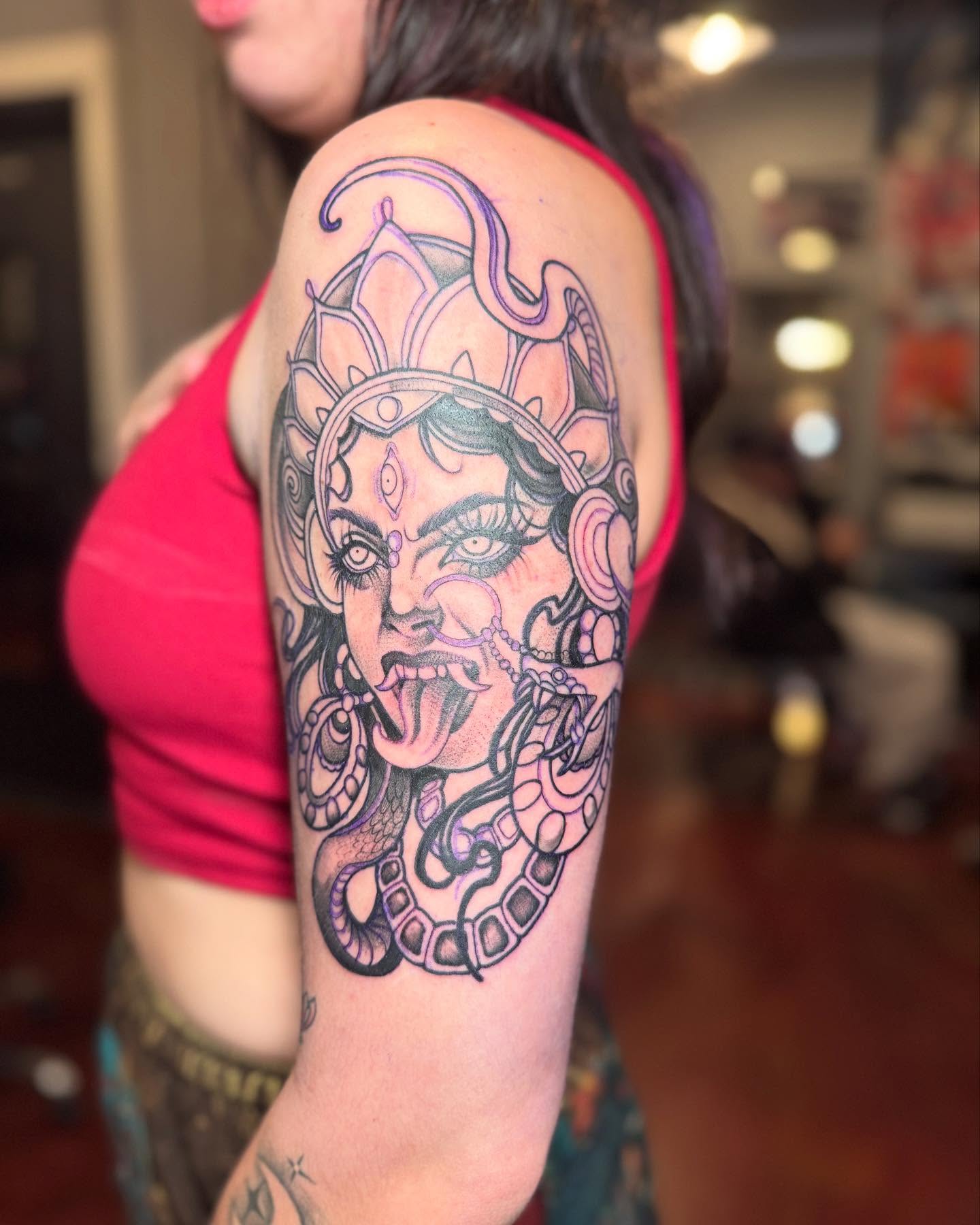 Medusa neo-traditional tattoo on the forearm by Stephanie Cruz, Kansas City, Missouri