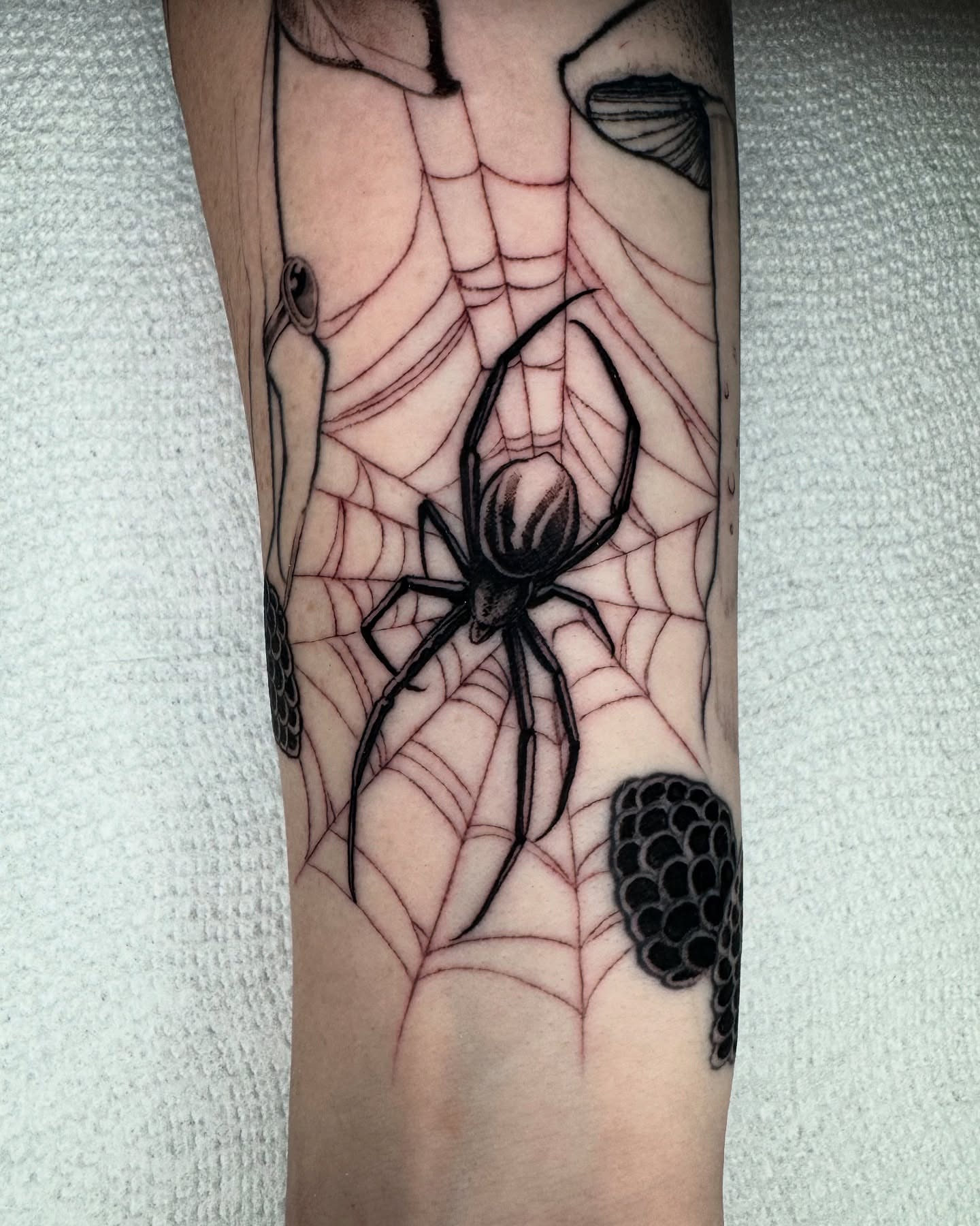 Spider web realism tattoo on the forearm by Angelo Buonanno, Las Vegas, Nevada