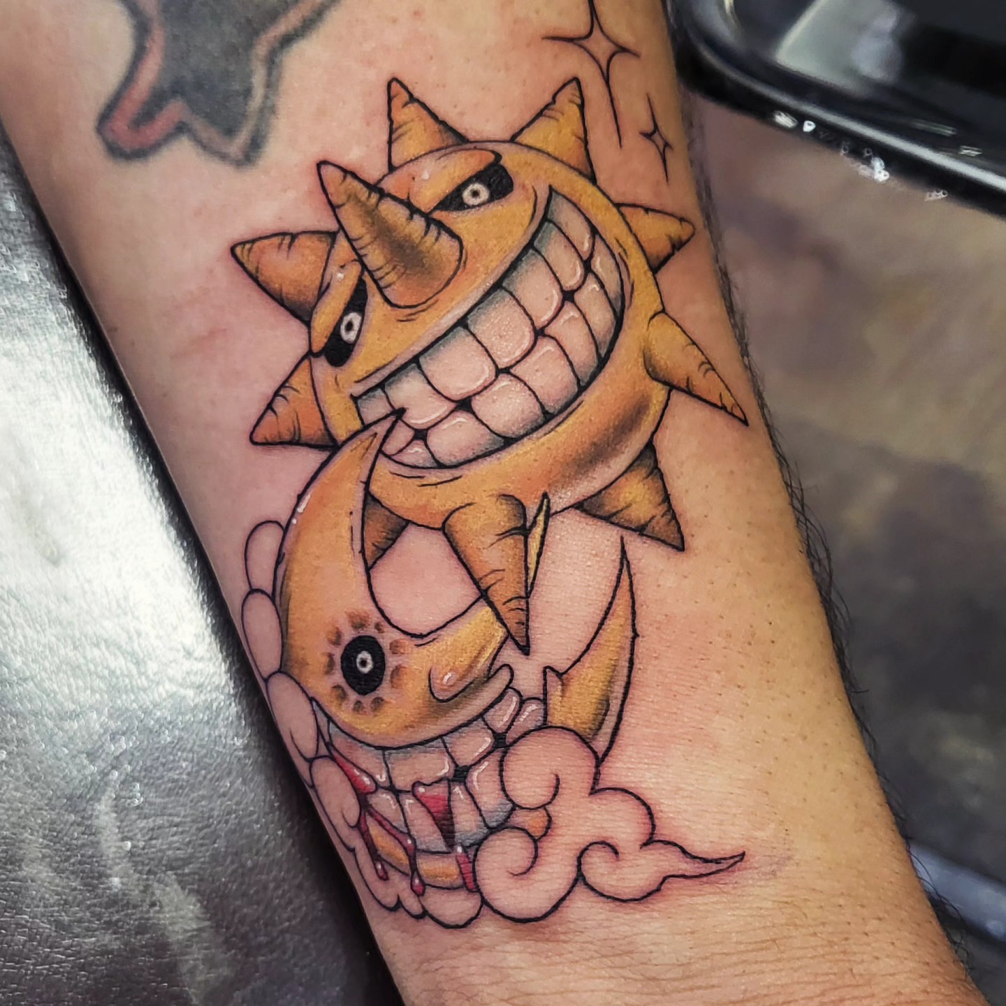 Gengar American traditional tattoo on the forearm by Brenda Juarez - Tattoo Artist