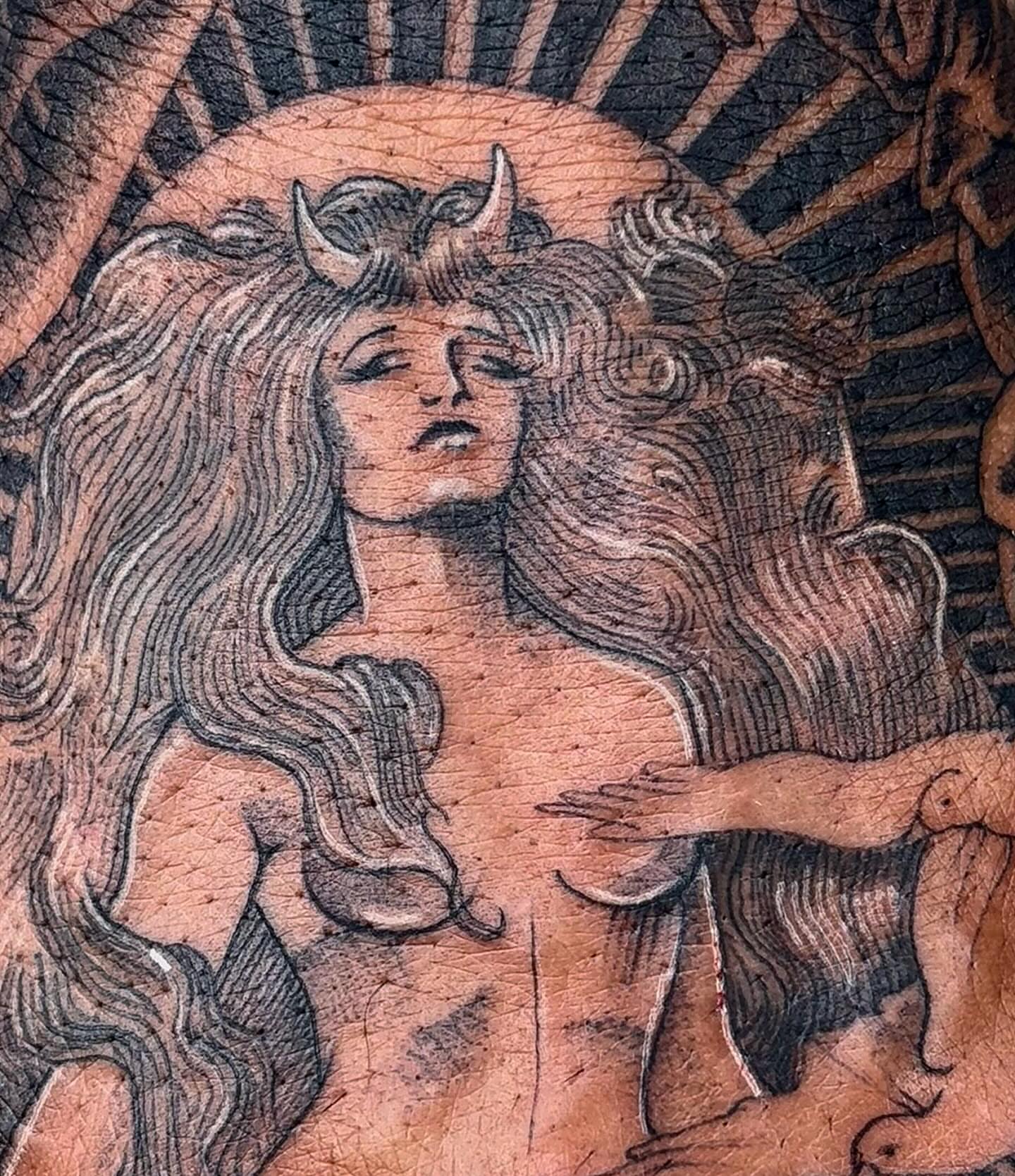 Mythical creature black and grey tattoo on the torso by β±βΏβ° π π π° π πΎ β±βΏβ°
