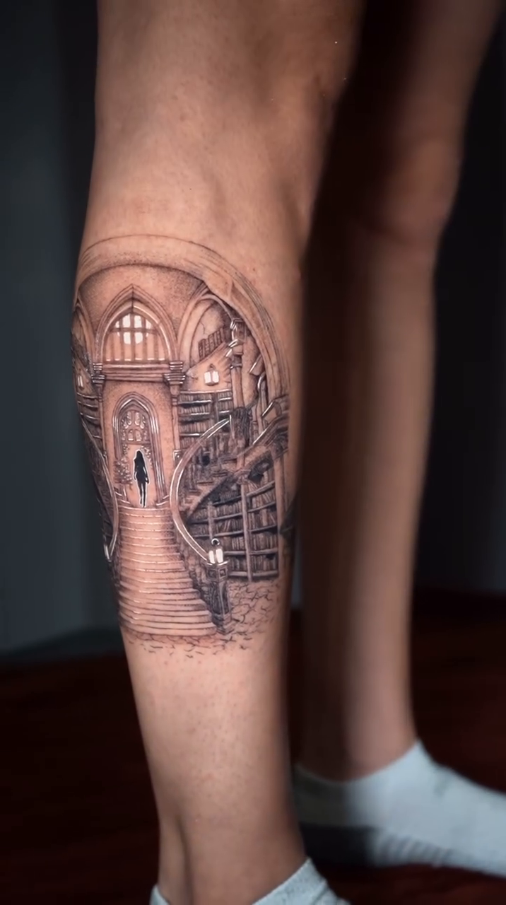Library staircase with a figure surrealism tattoo on the forearm by Raciel Fabian Romero