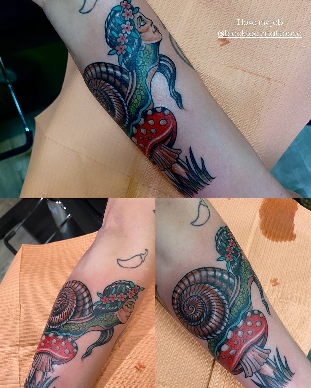 Mermaid and mushroom American traditional tattoo on the forearm by Chase Skylar Clayton Ogle
